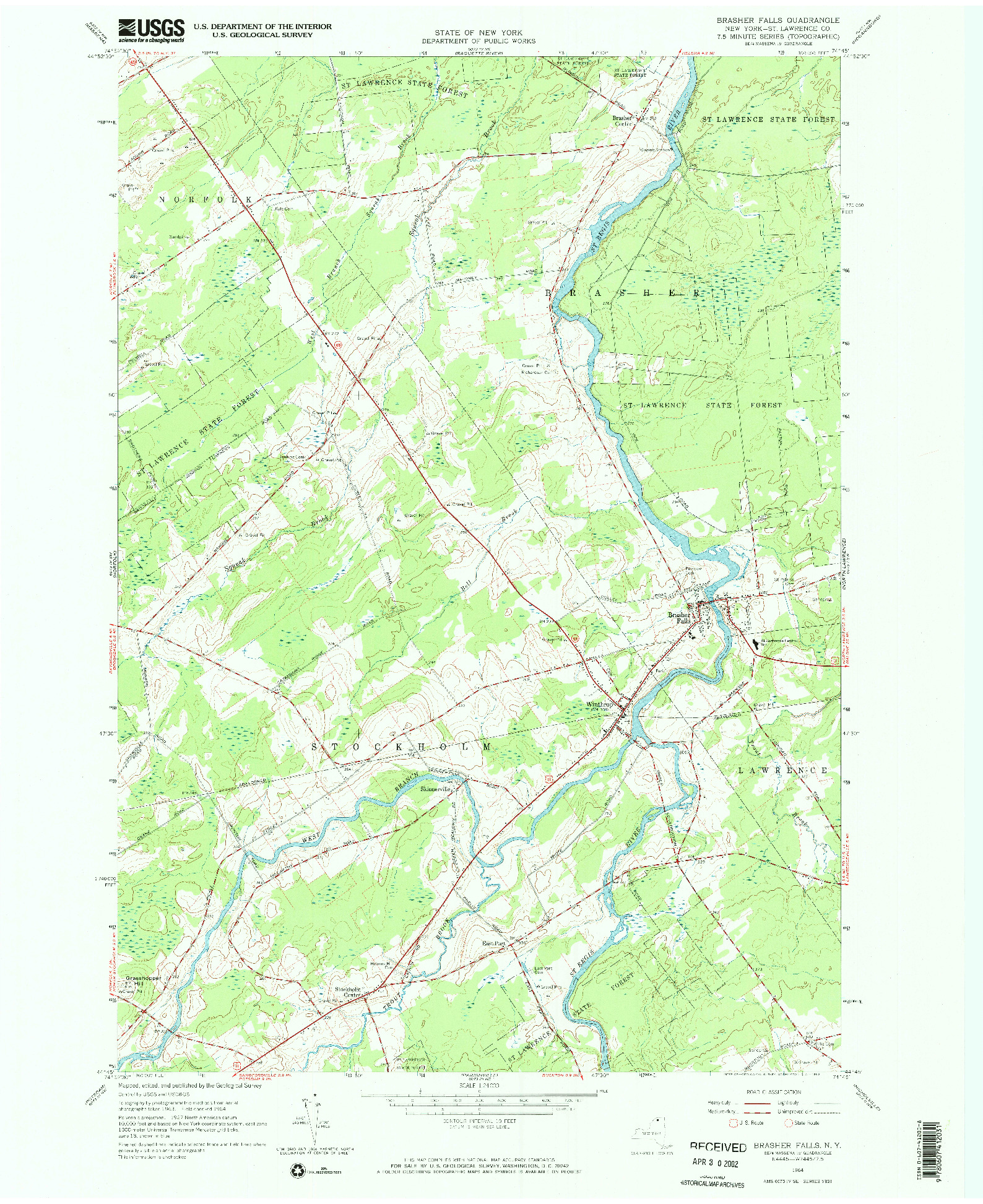 USGS 1:24000-SCALE QUADRANGLE FOR BRASHER FALLS, NY 1964