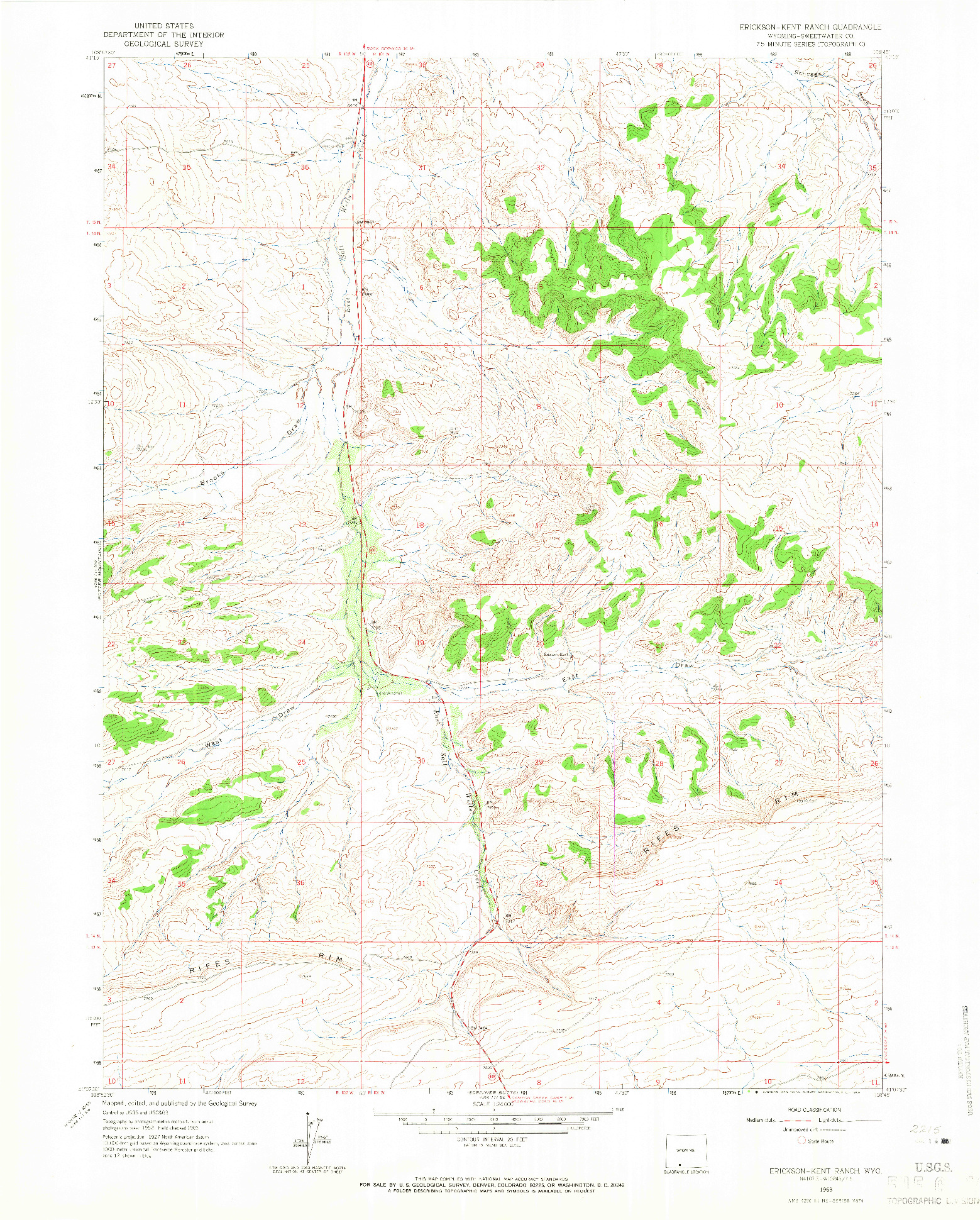 USGS 1:24000-SCALE QUADRANGLE FOR ERICKSON-KENT RANCH, WY 1963