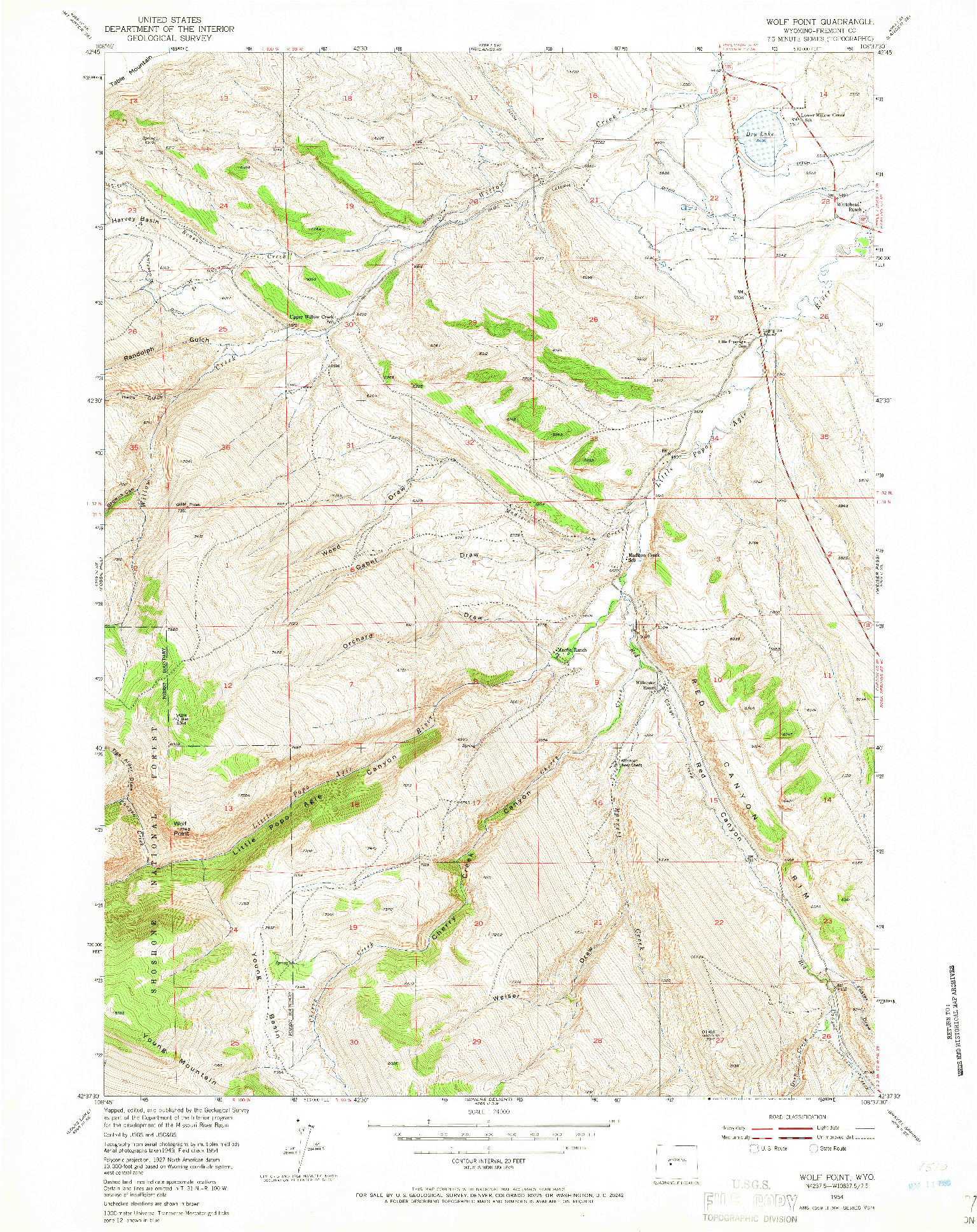 USGS 1:24000-SCALE QUADRANGLE FOR WOLF POINT, WY 1954