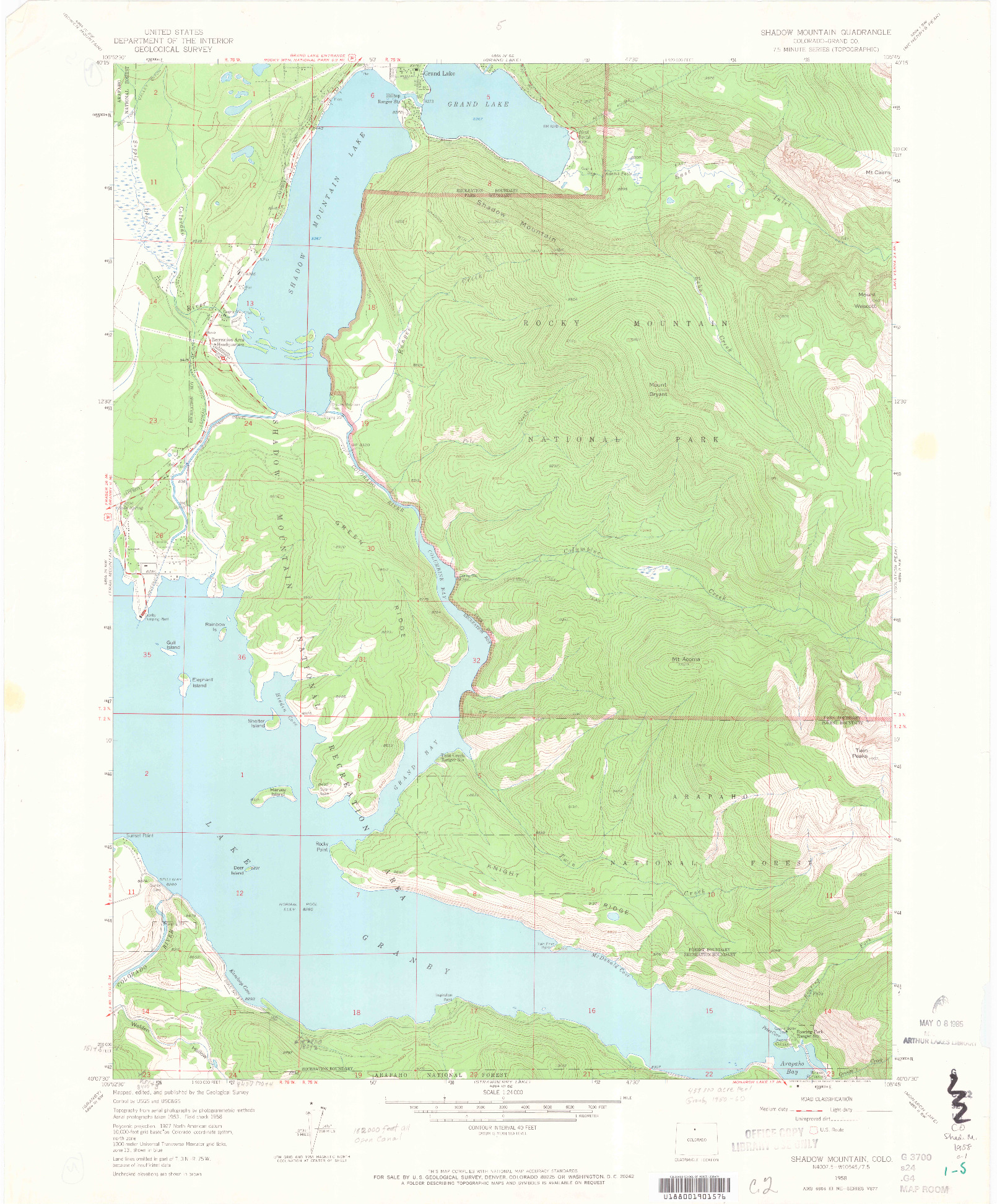 USGS 1:24000-SCALE QUADRANGLE FOR SHADOW MOUNTAIN, CO 1958