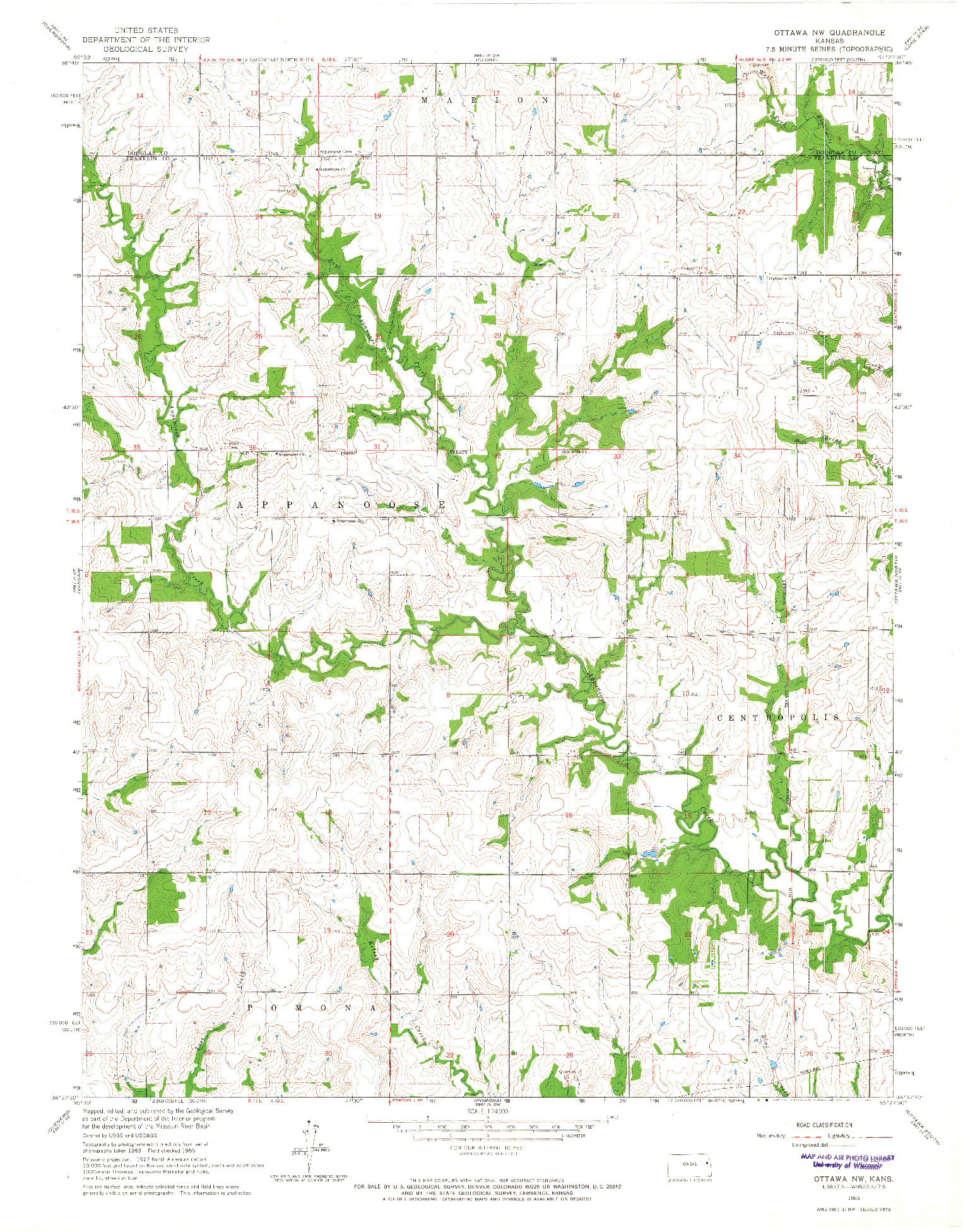 USGS 1:24000-SCALE QUADRANGLE FOR OTTAWA NW, KS 1965