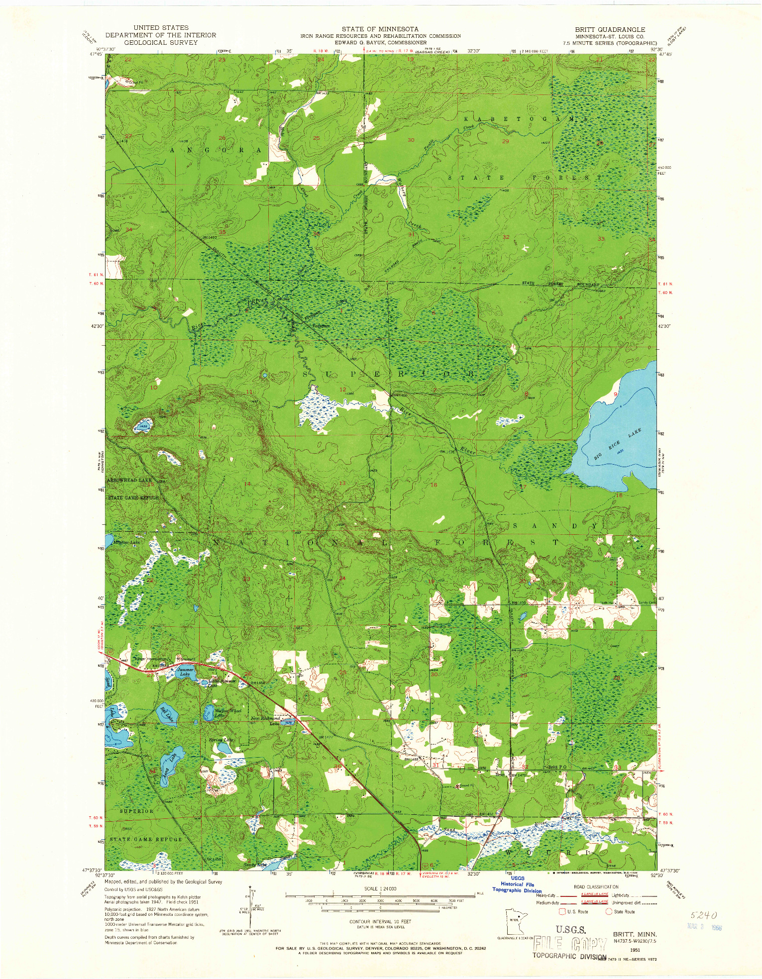 USGS 1:24000-SCALE QUADRANGLE FOR BRITT, MN 1951