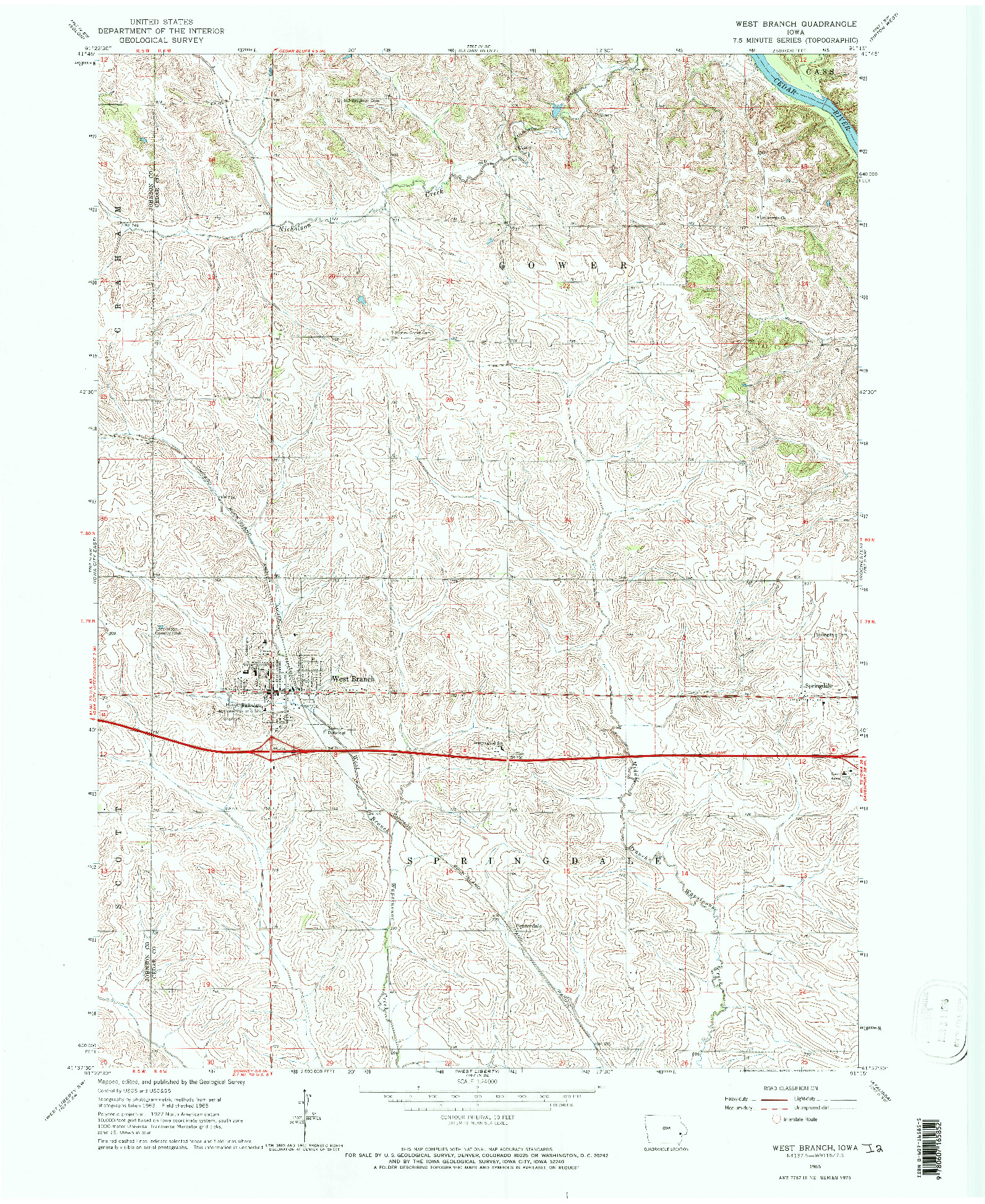 USGS 1:24000-SCALE QUADRANGLE FOR WEST BRANCH, IA 1965