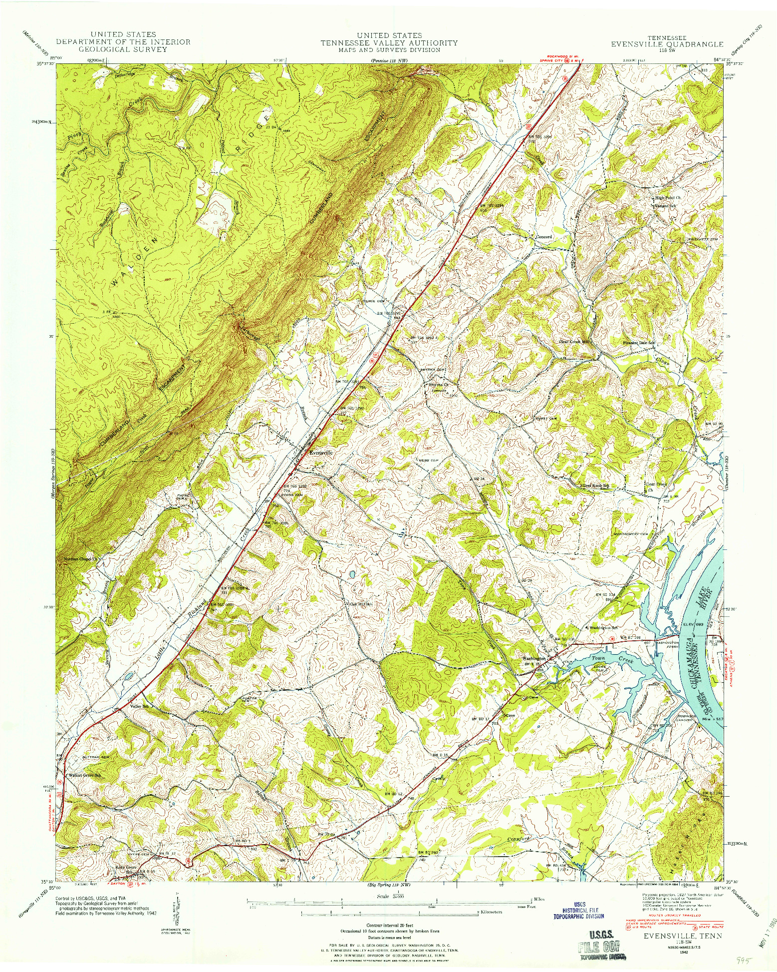 USGS 1:24000-SCALE QUADRANGLE FOR EVENSVILLE, TN 1942