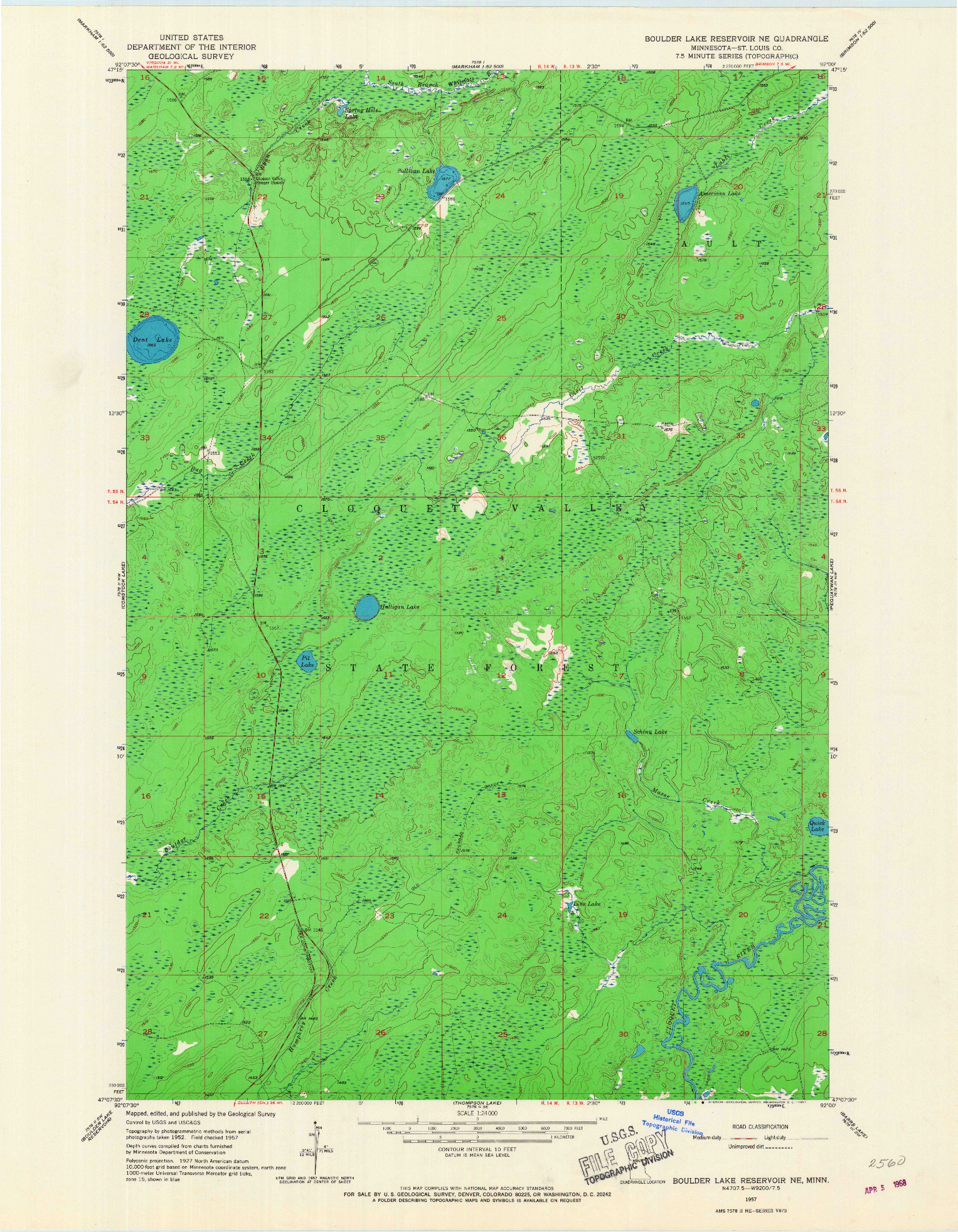 USGS 1:24000-SCALE QUADRANGLE FOR BOULDER LAKE RESERVOIR NE, MN 1957