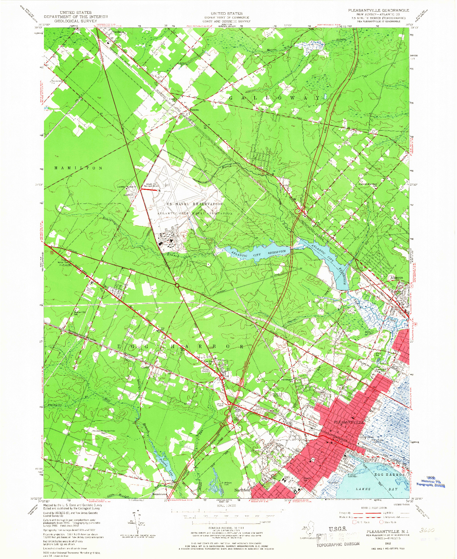 USGS 1:24000-SCALE QUADRANGLE FOR PLEASANTVILLE, NJ 1952