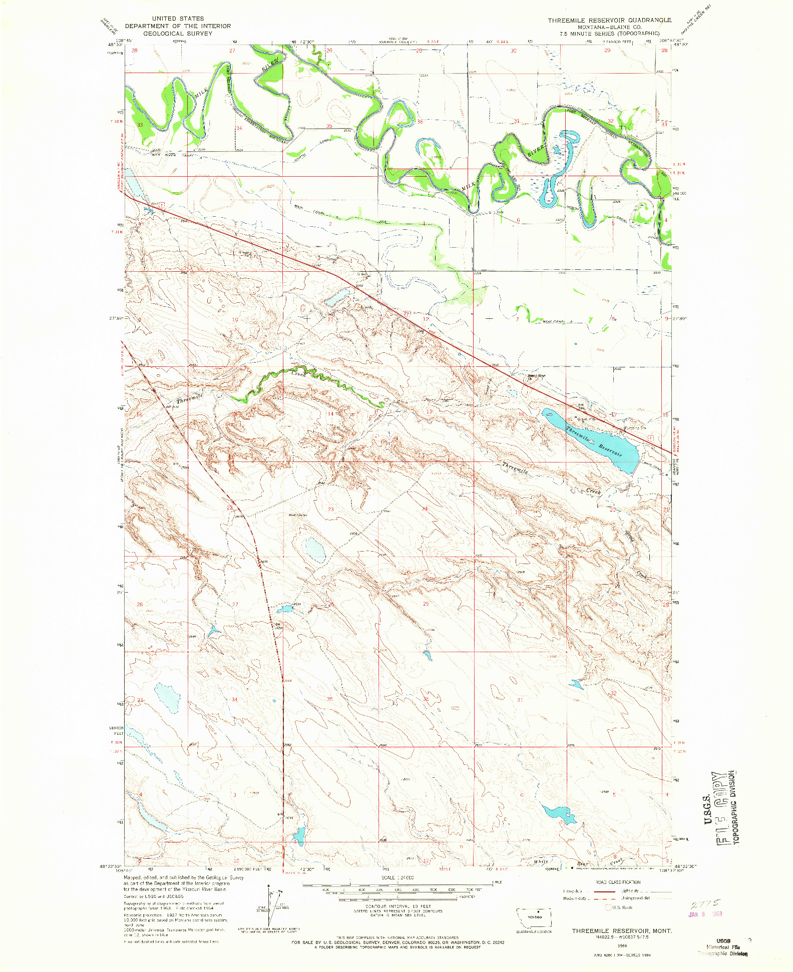 USGS 1:24000-SCALE QUADRANGLE FOR THREEMILE RESERVOIR, MT 1964