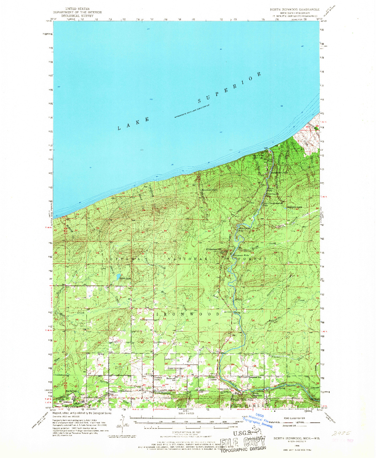 USGS 1:62500-SCALE QUADRANGLE FOR NORTH IRONWOOD, MI 1956