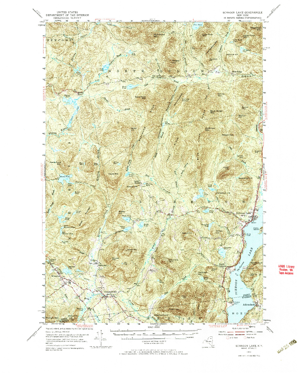 USGS 1:62500-SCALE QUADRANGLE FOR SCHROON LAKE, NY 1953