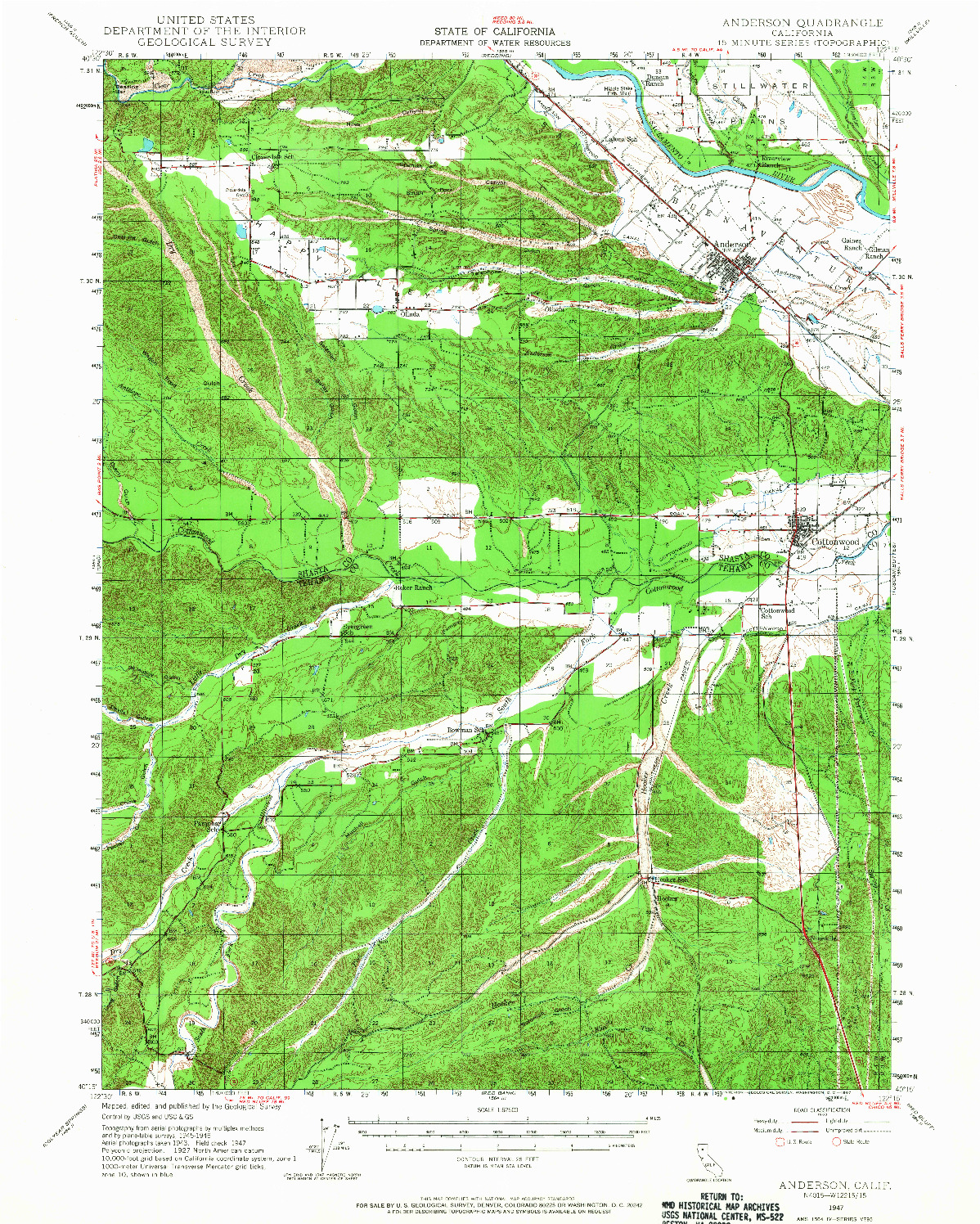 USGS 1:62500-SCALE QUADRANGLE FOR ANDERSON, CA 1947