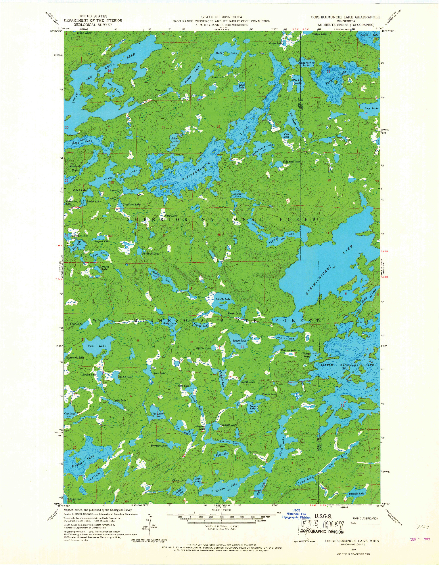 USGS 1:24000-SCALE QUADRANGLE FOR OGISHKEMUNCIE LAKE, MN 1959