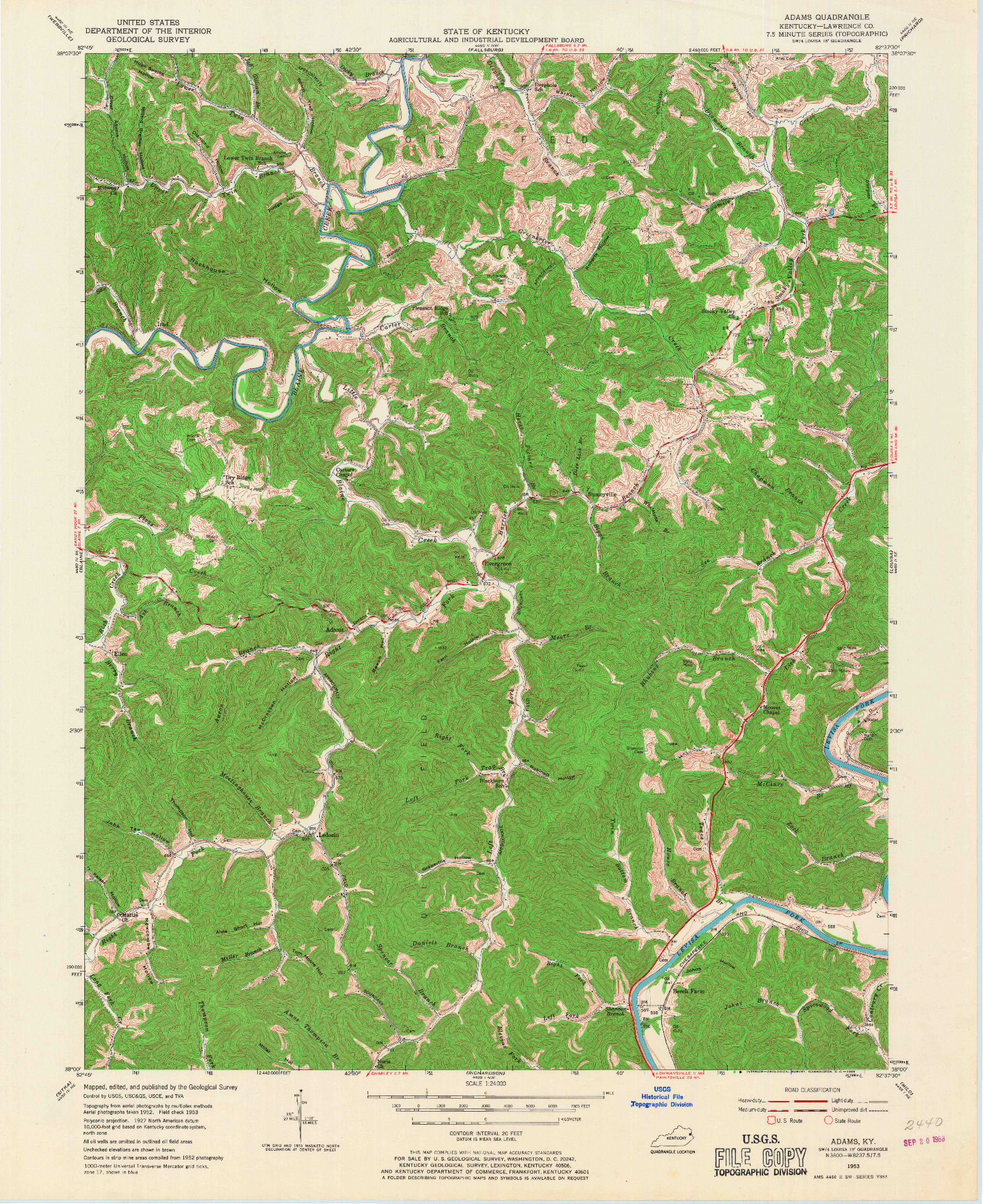 USGS 1:24000-SCALE QUADRANGLE FOR ADAMS, KY 1953