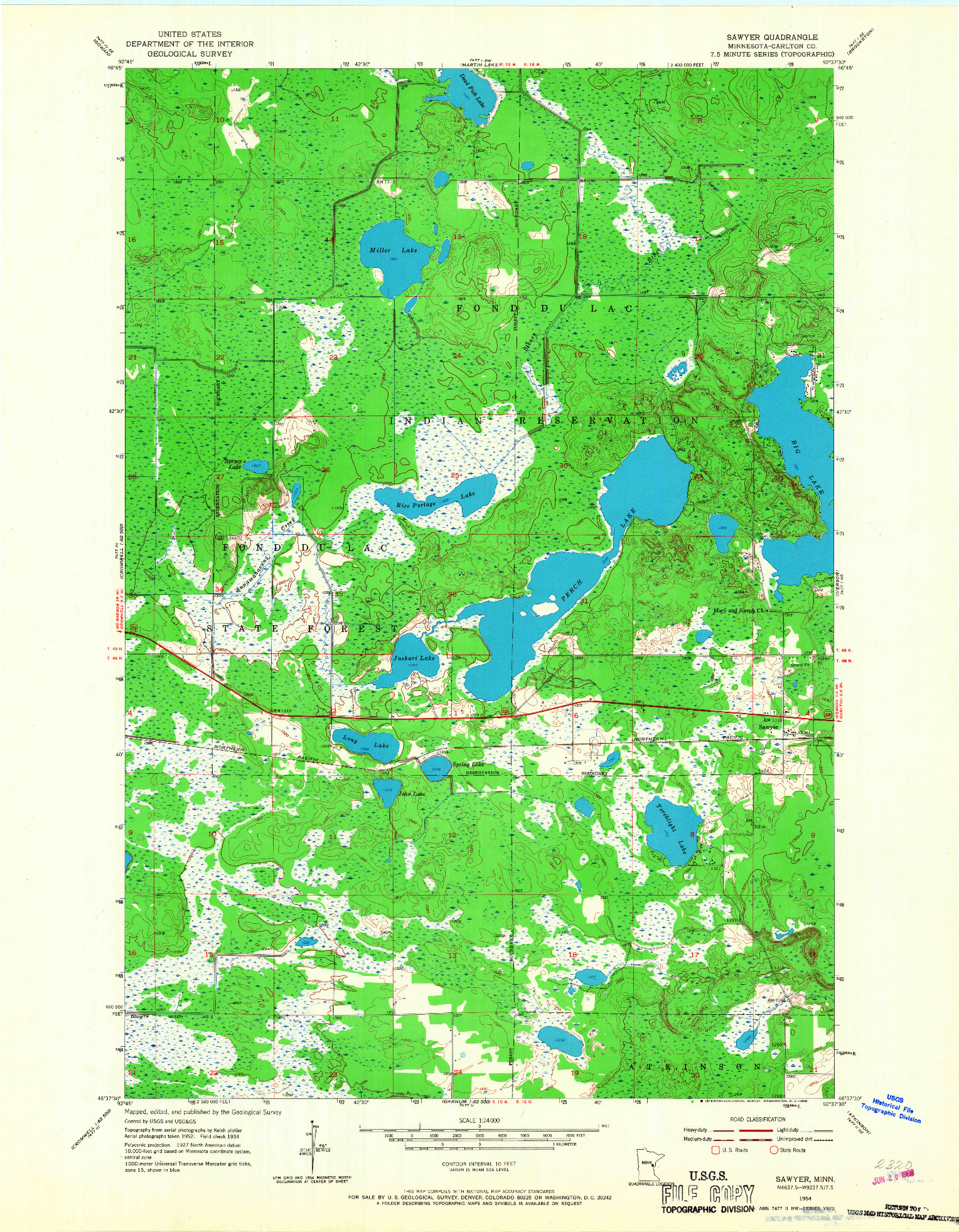 USGS 1:24000-SCALE QUADRANGLE FOR SAWYER, MN 1954