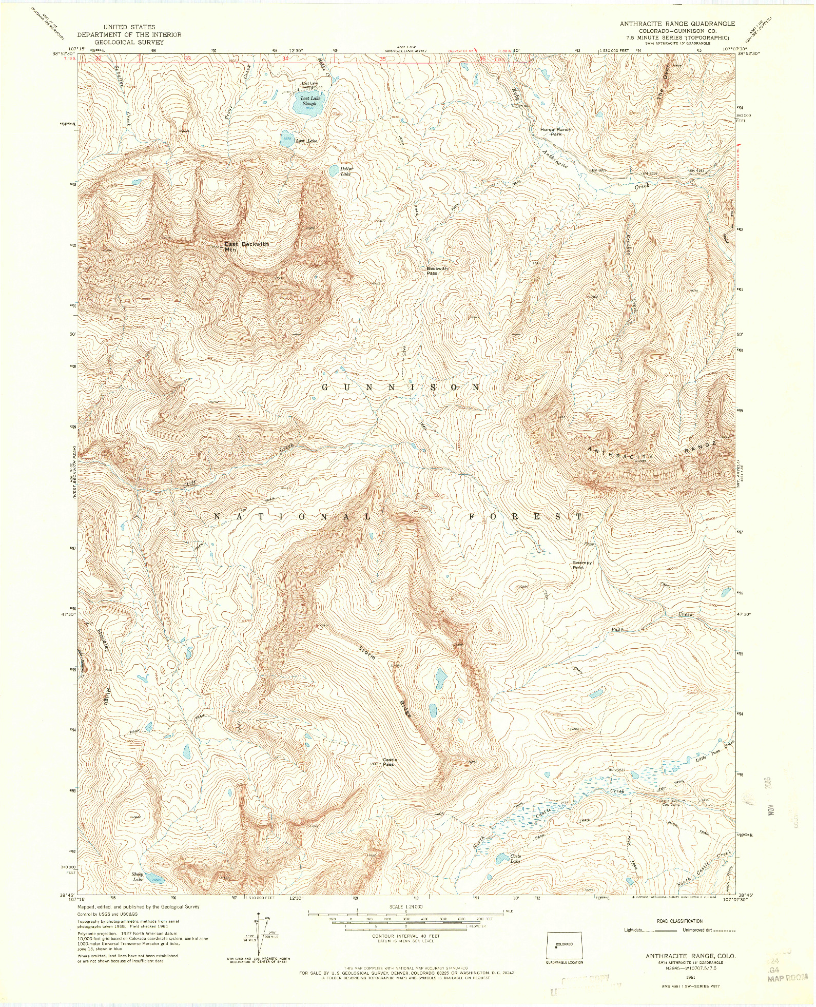 USGS 1:24000-SCALE QUADRANGLE FOR ANTHRACITE RANGE, CO 1961