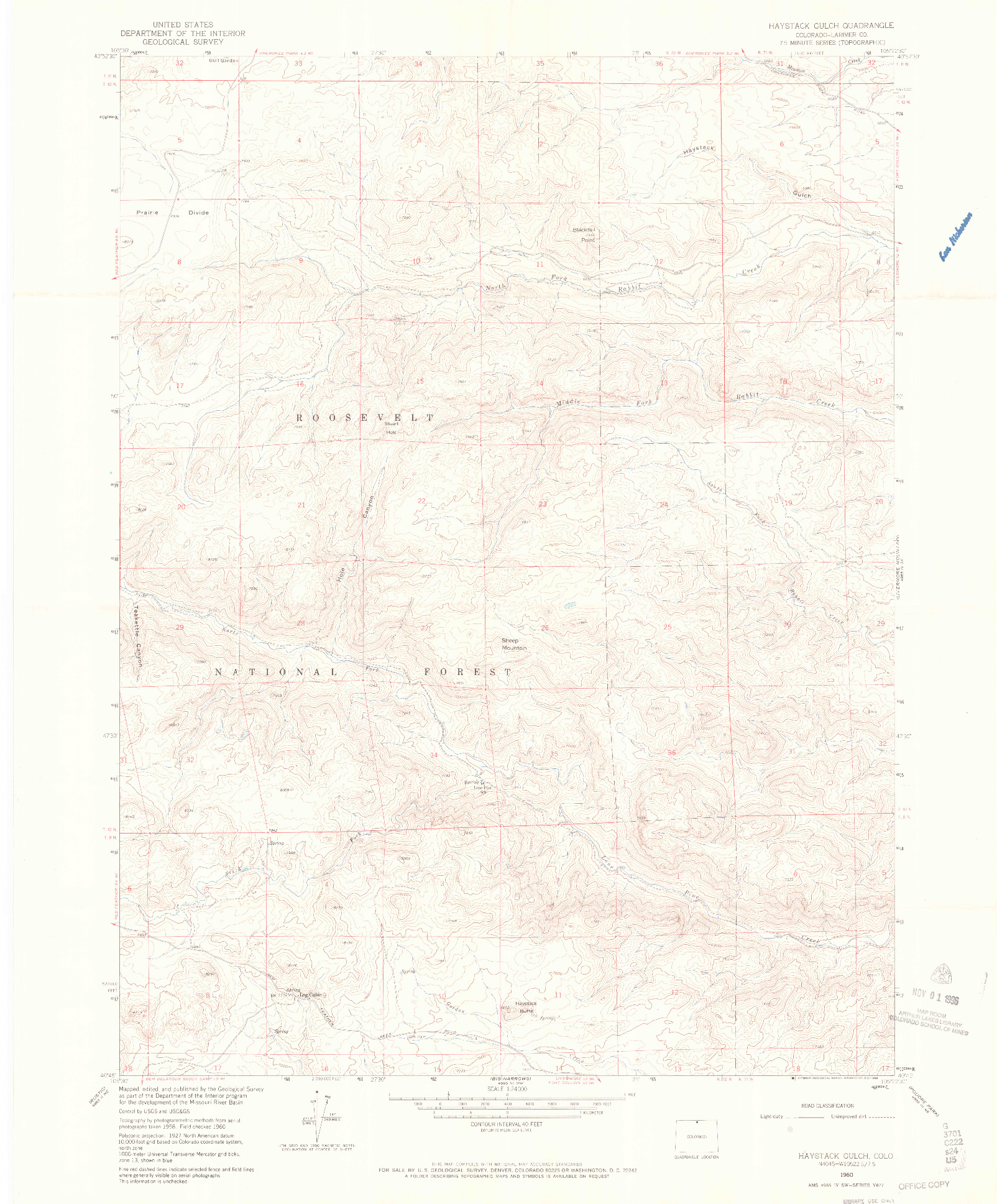 USGS 1:24000-SCALE QUADRANGLE FOR HAYSTACK GULCH, CO 1960