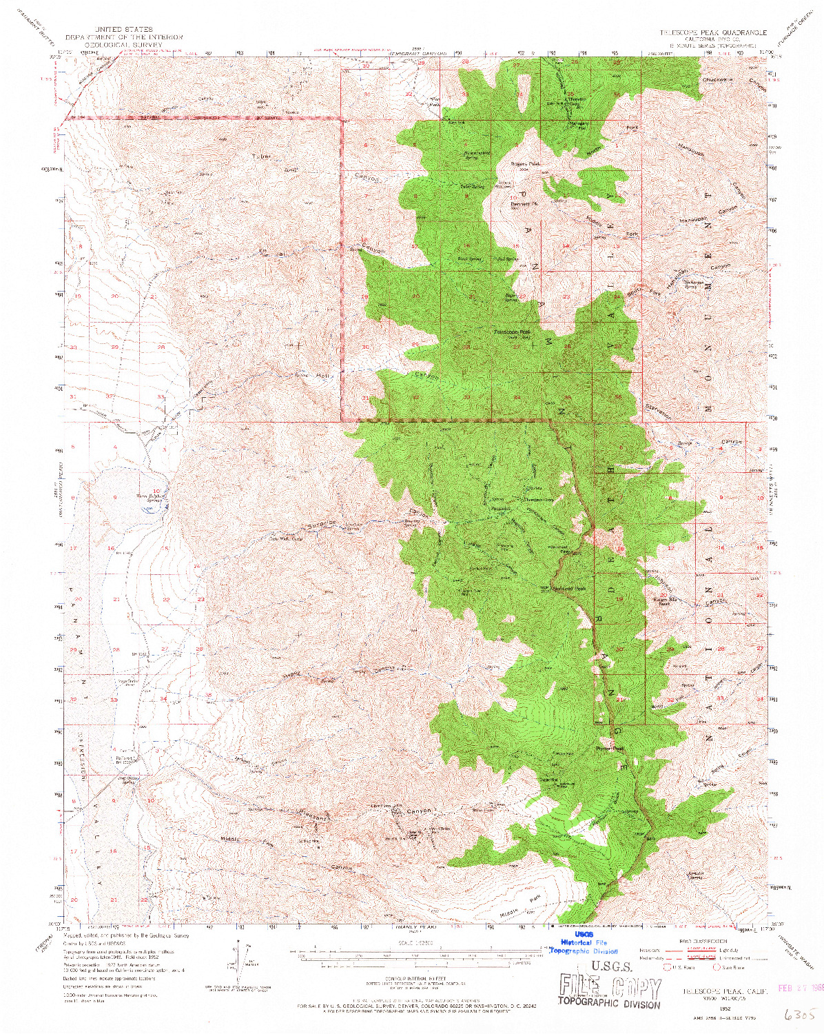 USGS 1:62500-SCALE QUADRANGLE FOR TELESCOPE PEAK, CA 1952