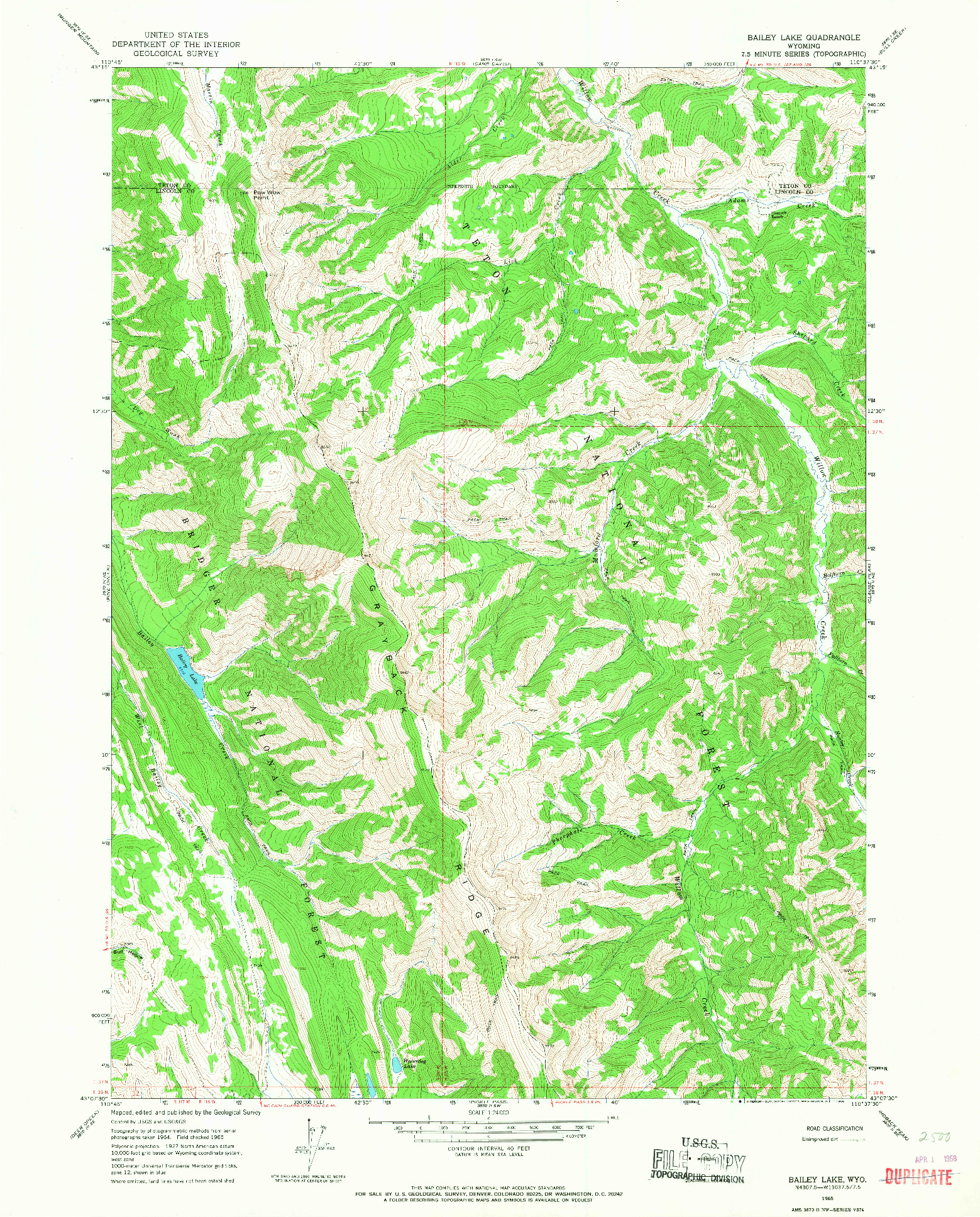 USGS 1:24000-SCALE QUADRANGLE FOR BAILEY LAKE, WY 1965