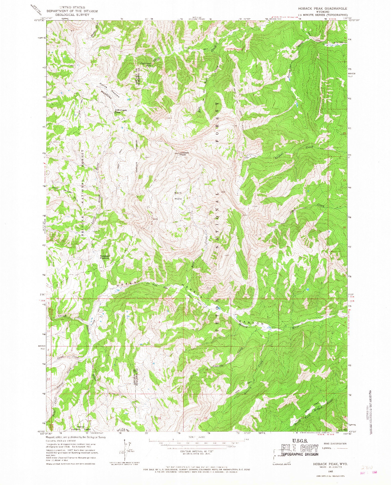 USGS 1:24000-SCALE QUADRANGLE FOR HOBACK PEAK, WY 1965