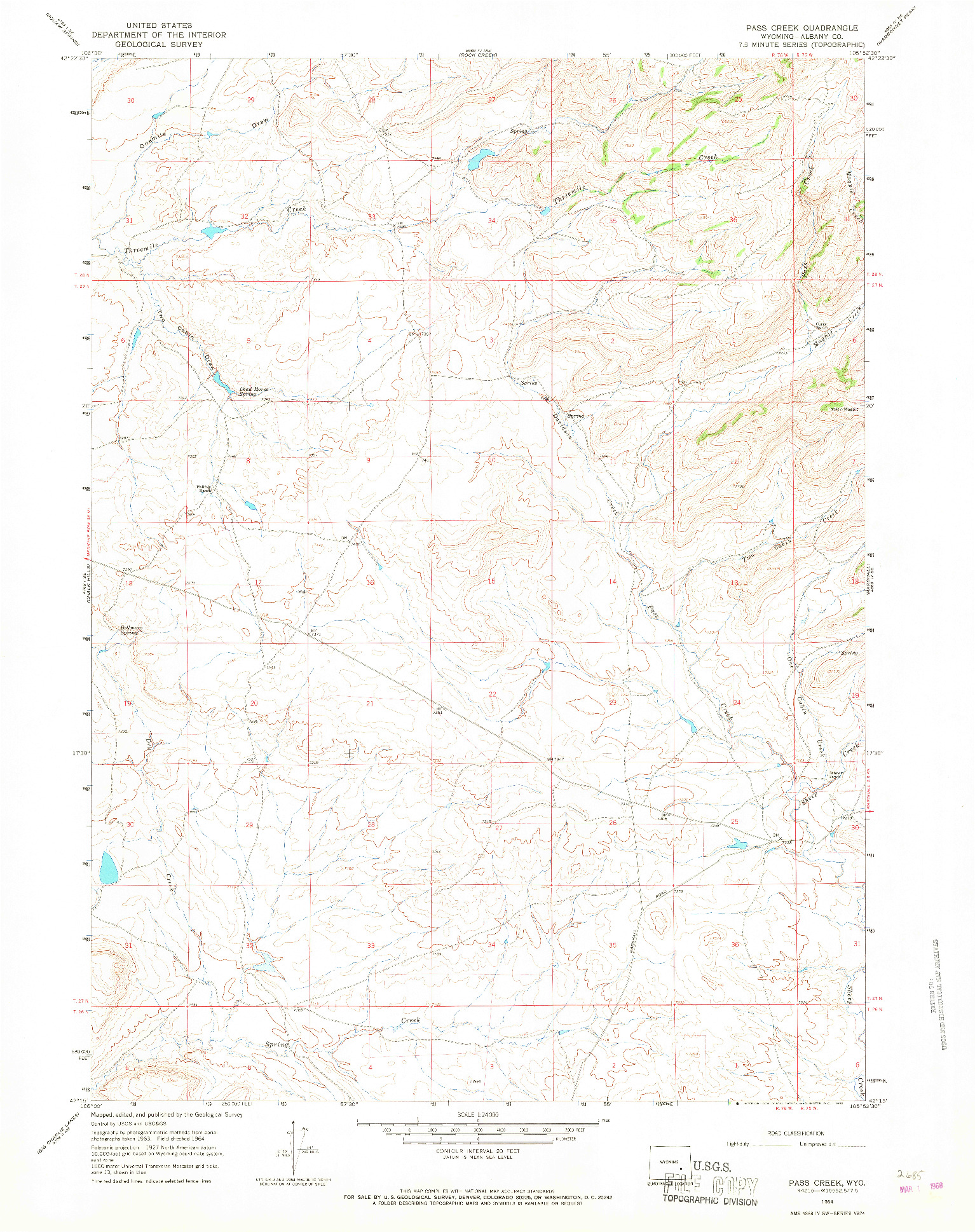 USGS 1:24000-SCALE QUADRANGLE FOR PASS CREEK, WY 1964