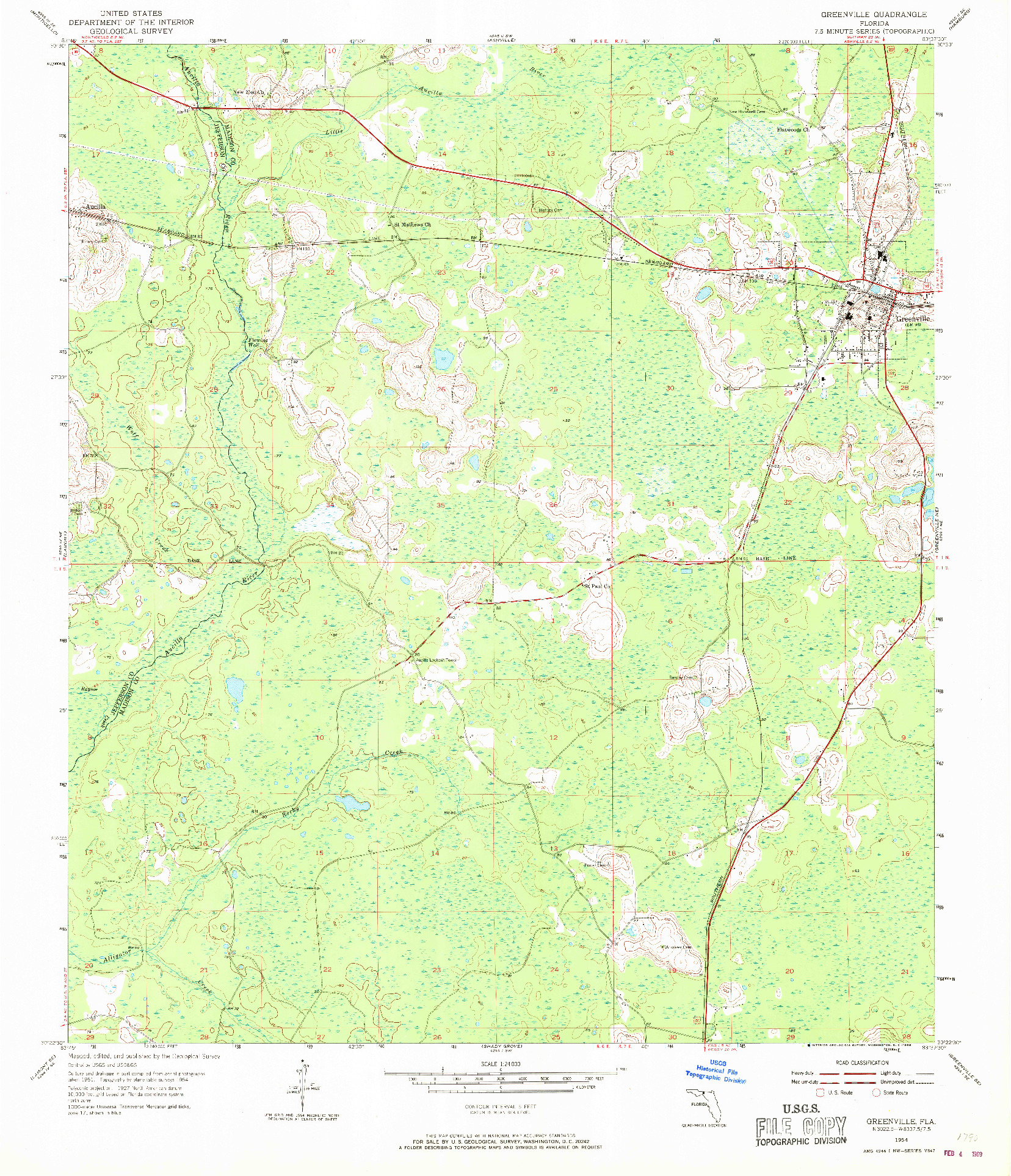 USGS 1:24000-SCALE QUADRANGLE FOR GREENVILLE, FL 1954