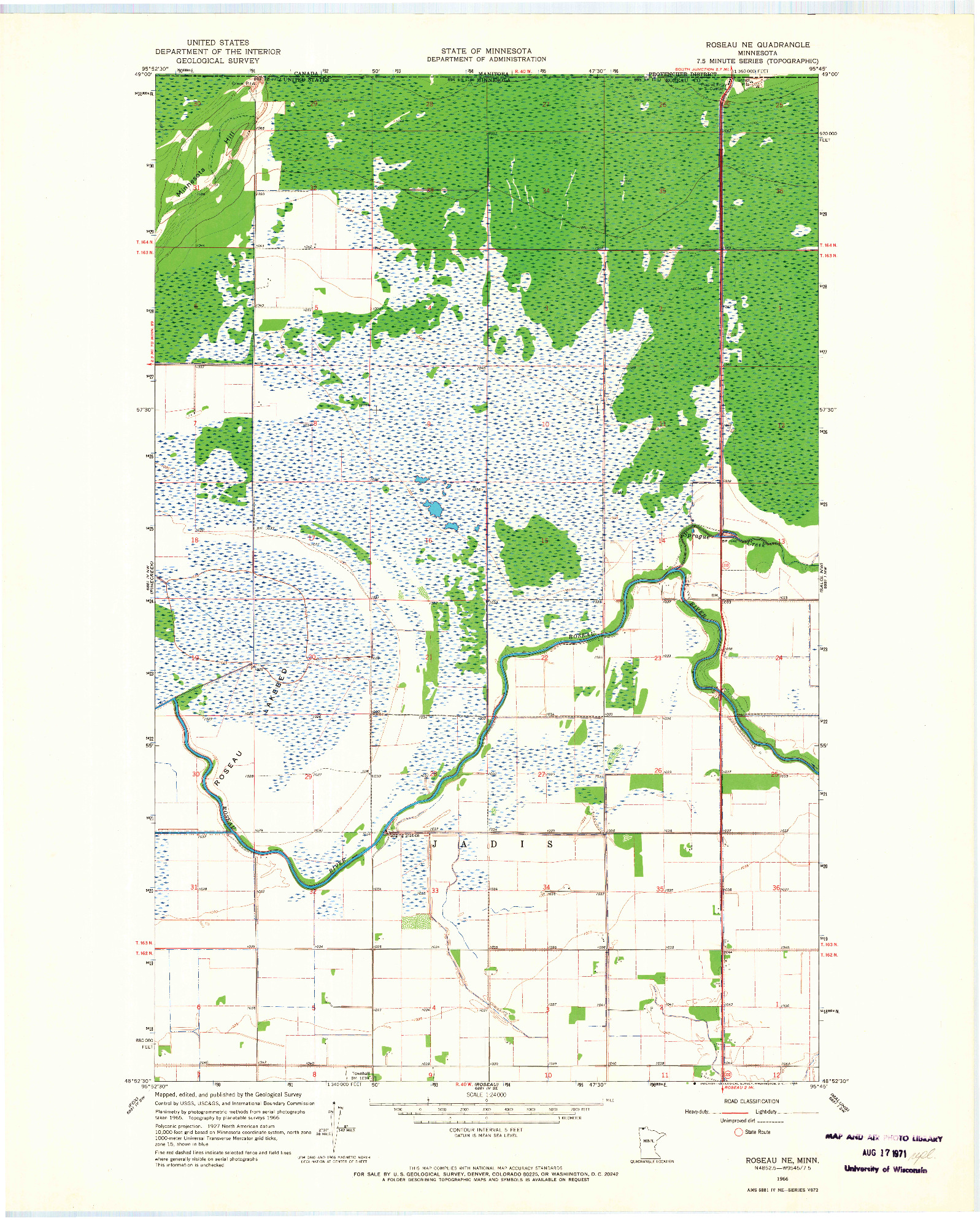 USGS 1:24000-SCALE QUADRANGLE FOR ROSEAU NE, MN 1966