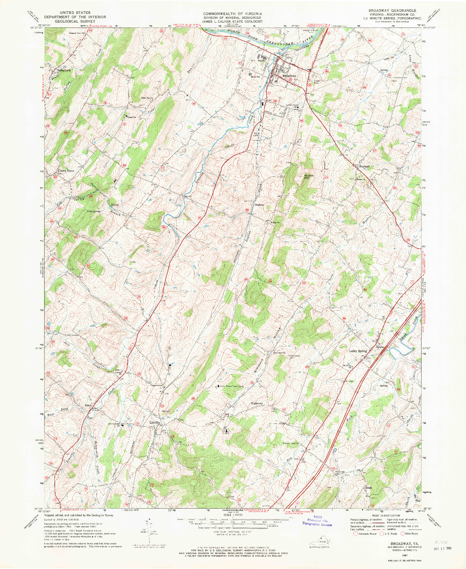 USGS 1:24000-SCALE QUADRANGLE FOR BROADWAY, VA 1967