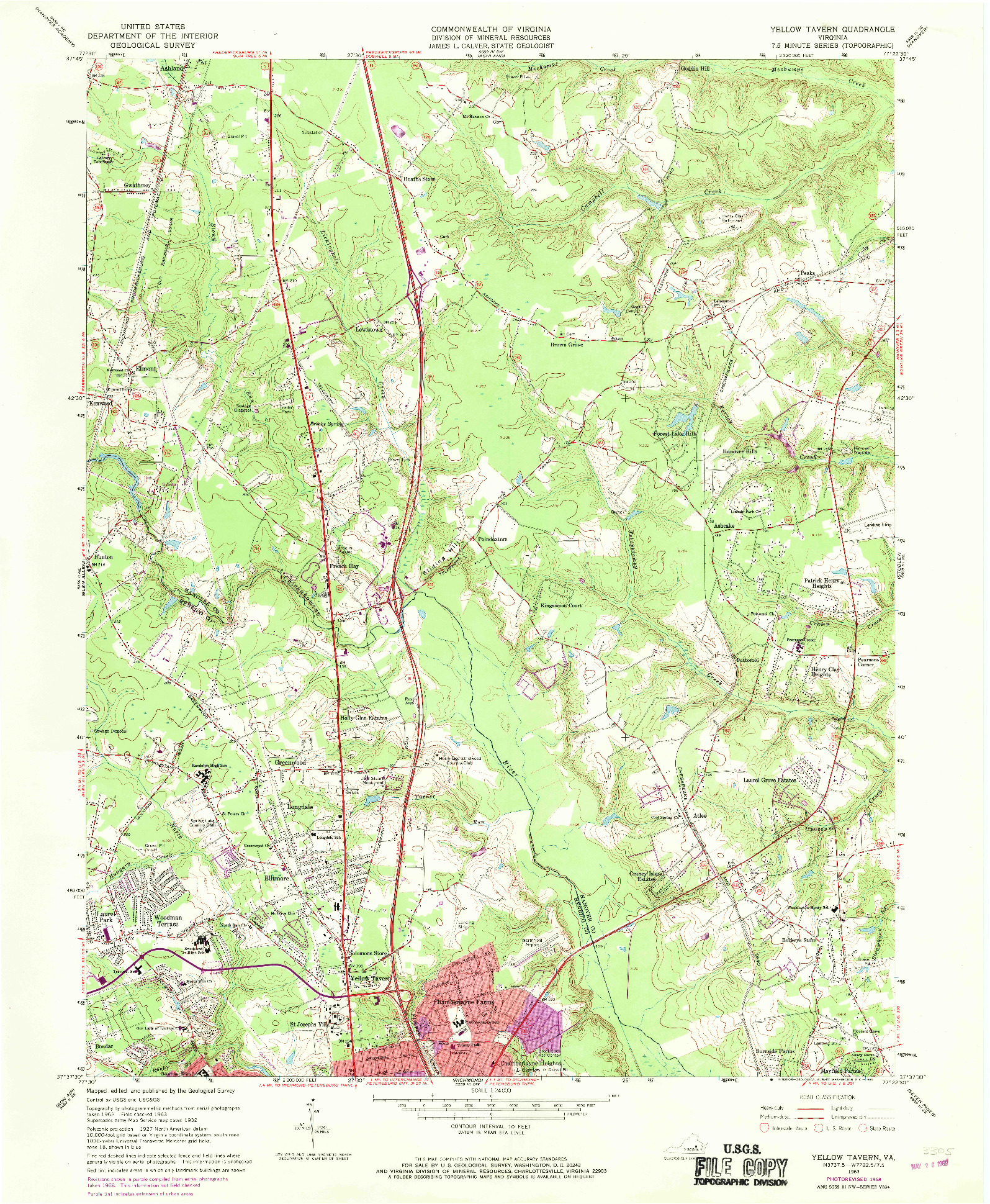 USGS 1:24000-SCALE QUADRANGLE FOR YELLOW TAVERN, VA 1963