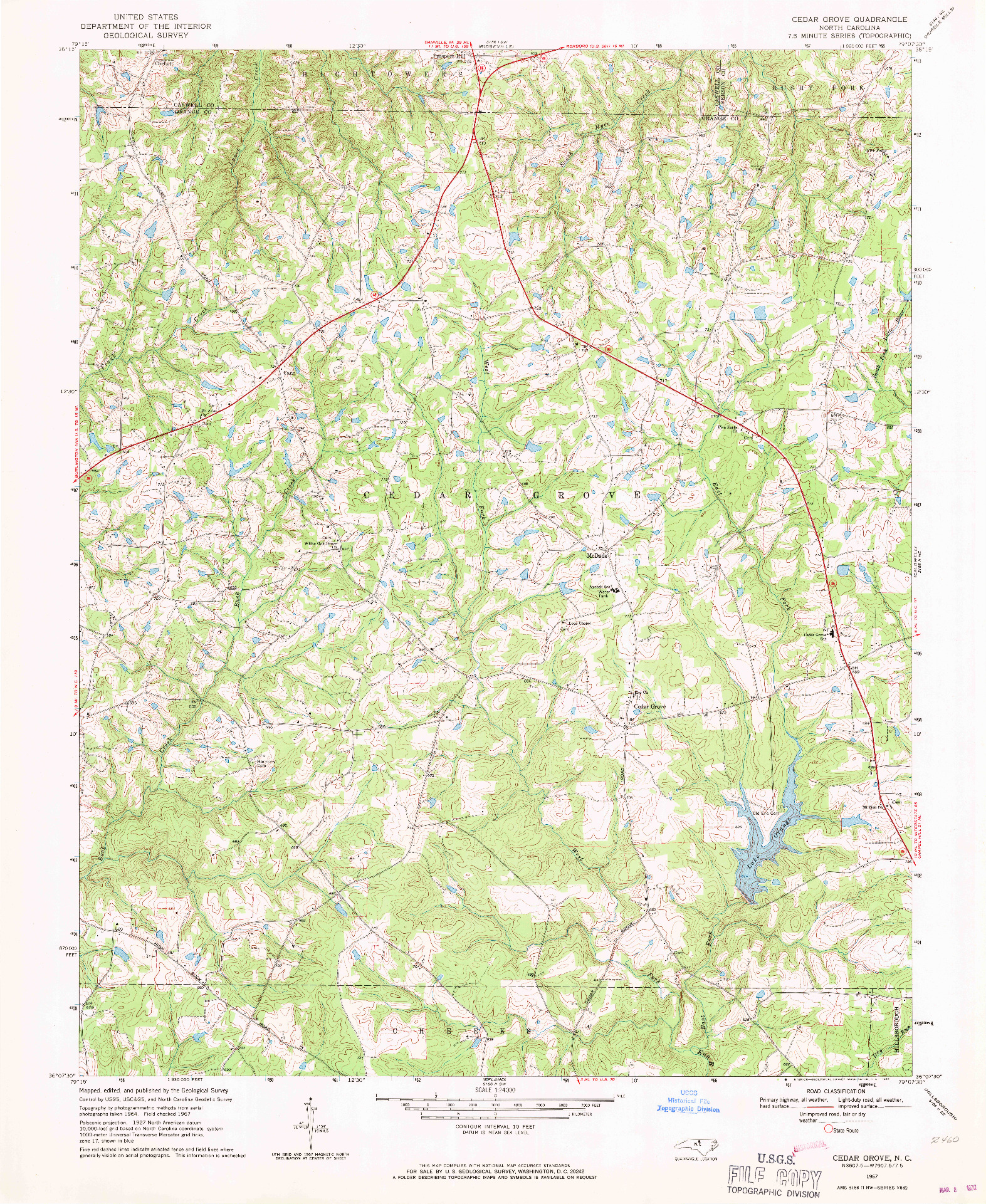 USGS 1:24000-SCALE QUADRANGLE FOR CEDAR GROVE, NC 1967