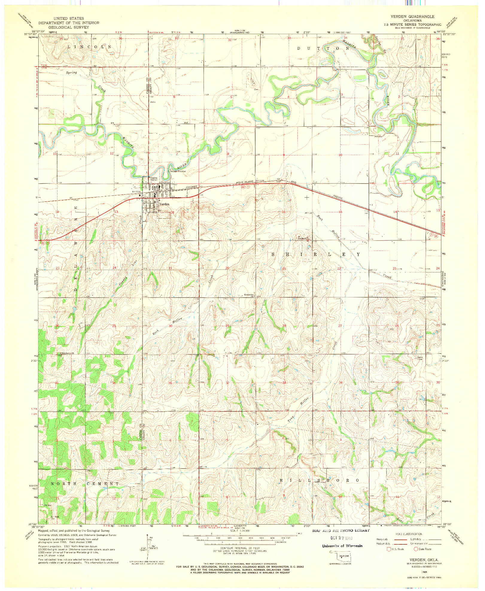 USGS 1:24000-SCALE QUADRANGLE FOR VERDEN, OK 1968