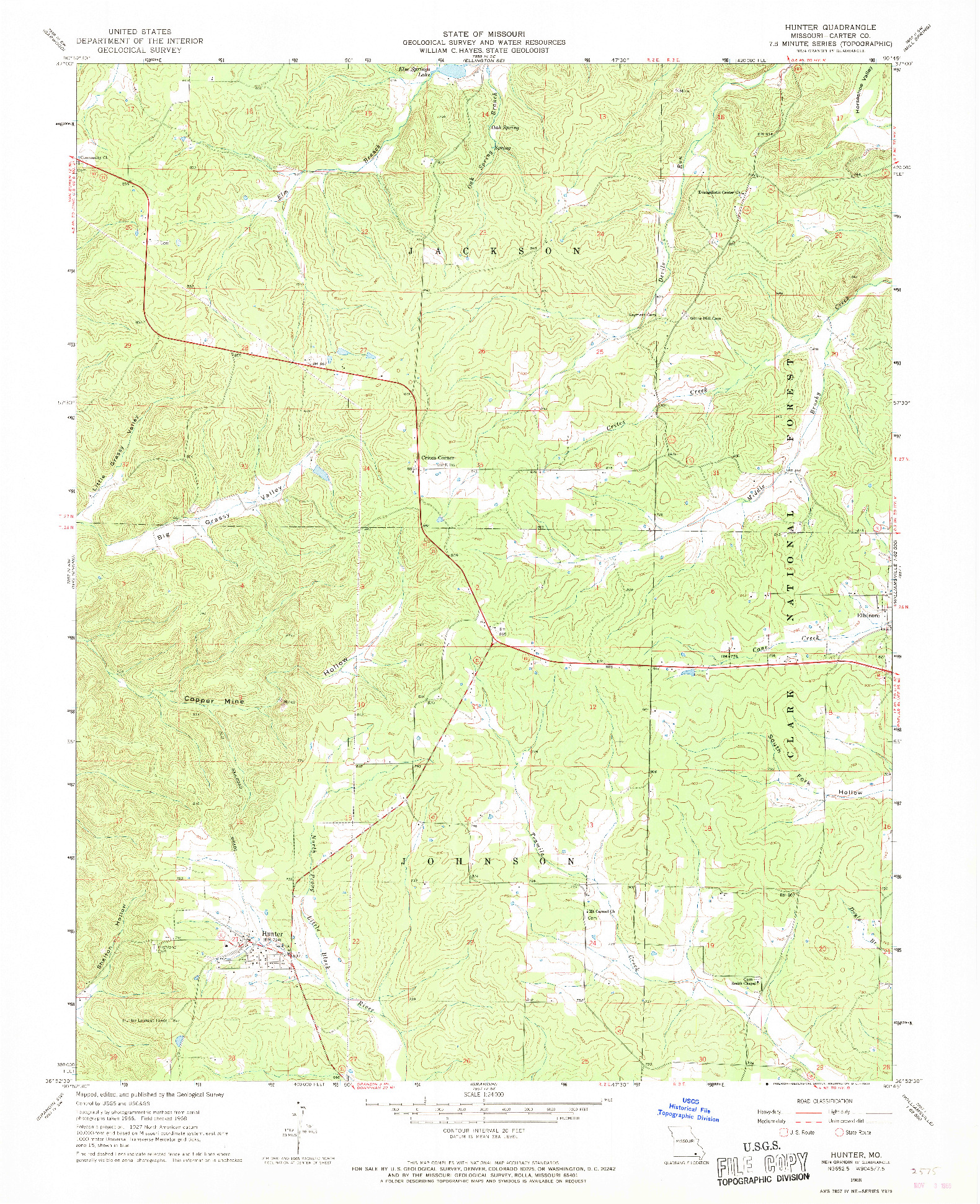 USGS 1:24000-SCALE QUADRANGLE FOR HUNTER, MO 1968