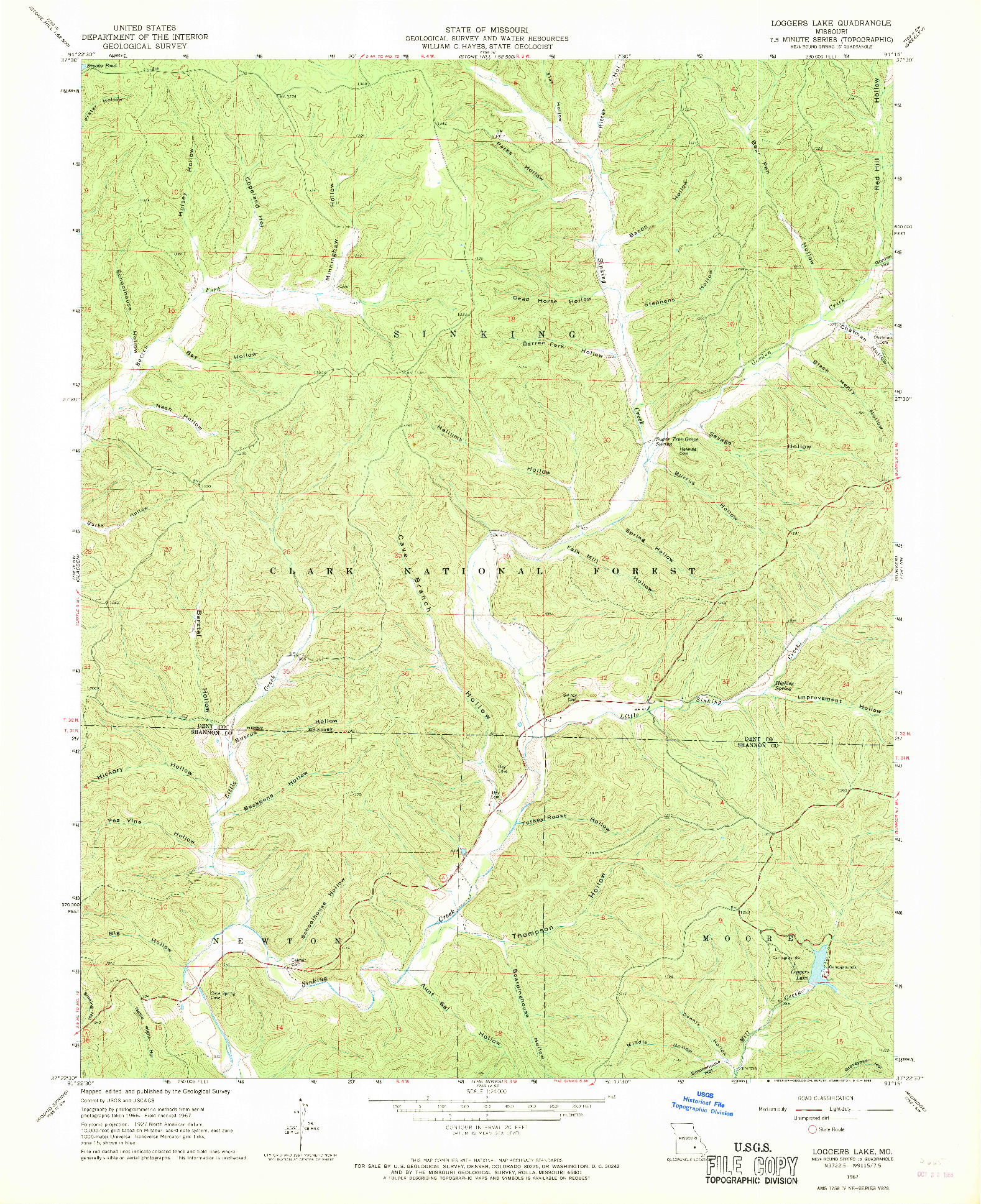 USGS 1:24000-SCALE QUADRANGLE FOR LOGGERS LAKE, MO 1967