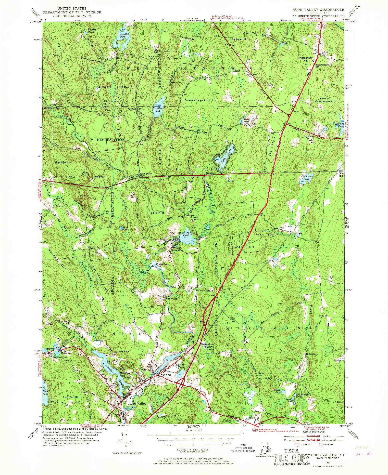 USGS 1:24000-SCALE QUADRANGLE FOR HOPE VALLEY, RI 1953