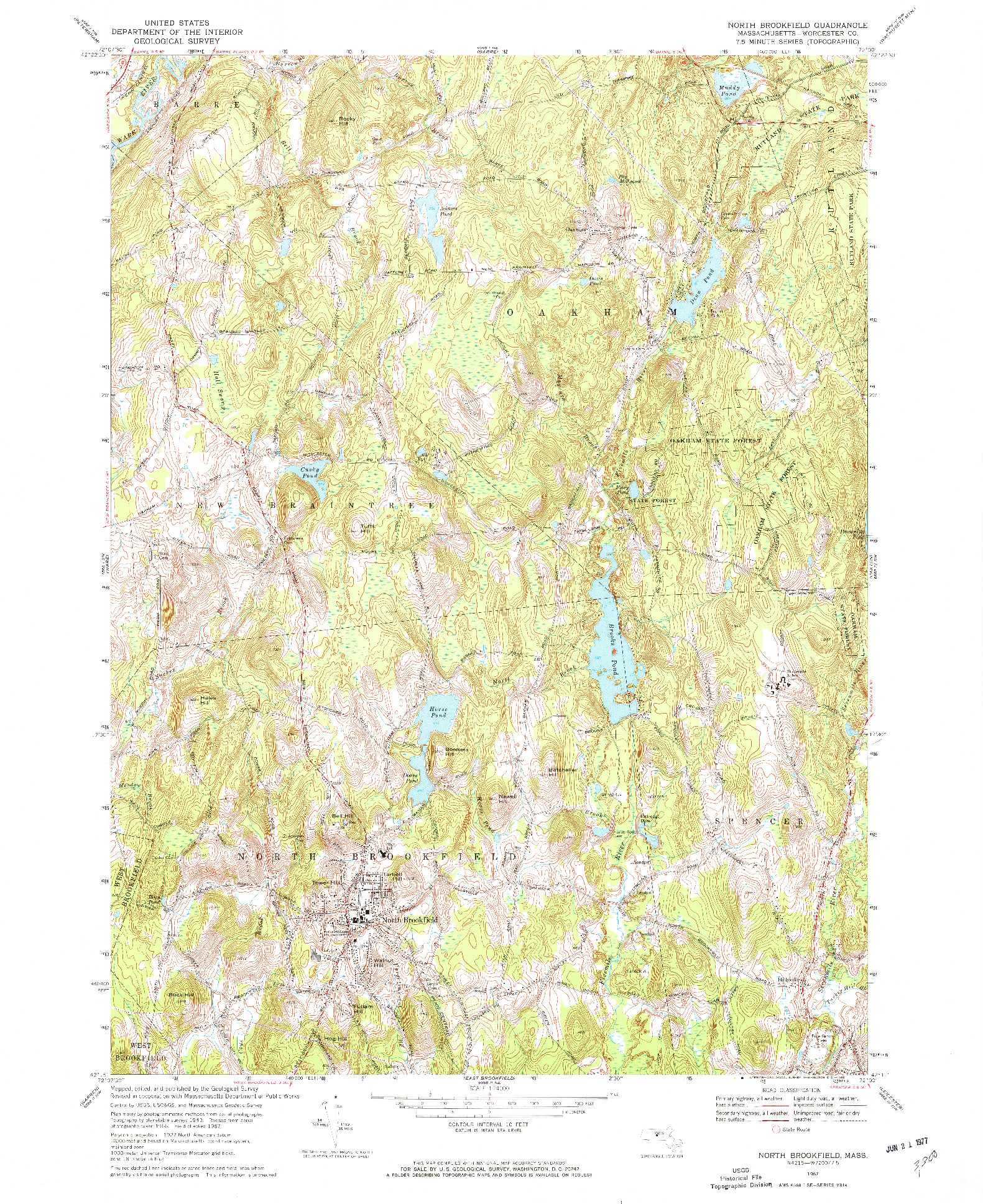 USGS 1:24000-SCALE QUADRANGLE FOR NORTH BROOKFIELD, MA 1967