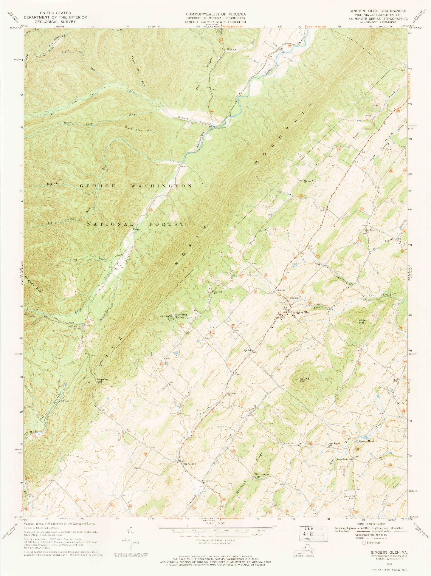 USGS 1:24000-SCALE QUADRANGLE FOR SINGERS GLEN, VA 1967