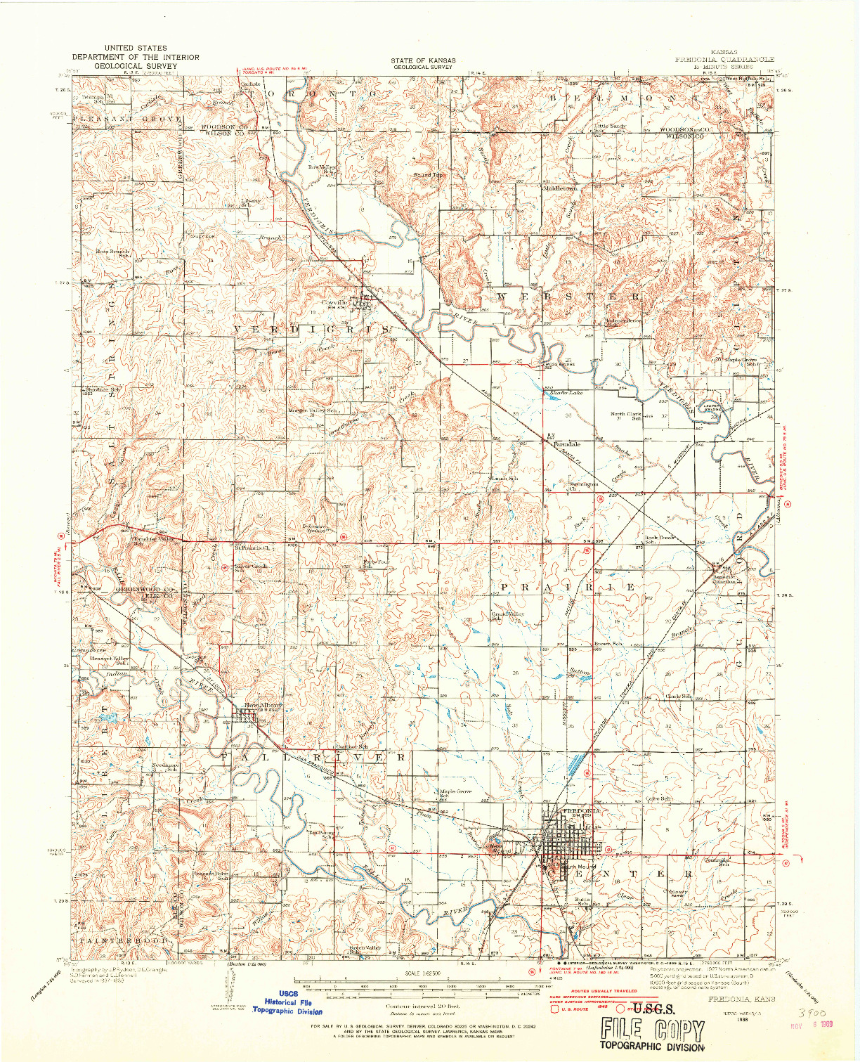 USGS 1:62500-SCALE QUADRANGLE FOR FREDONIA, KS 1938