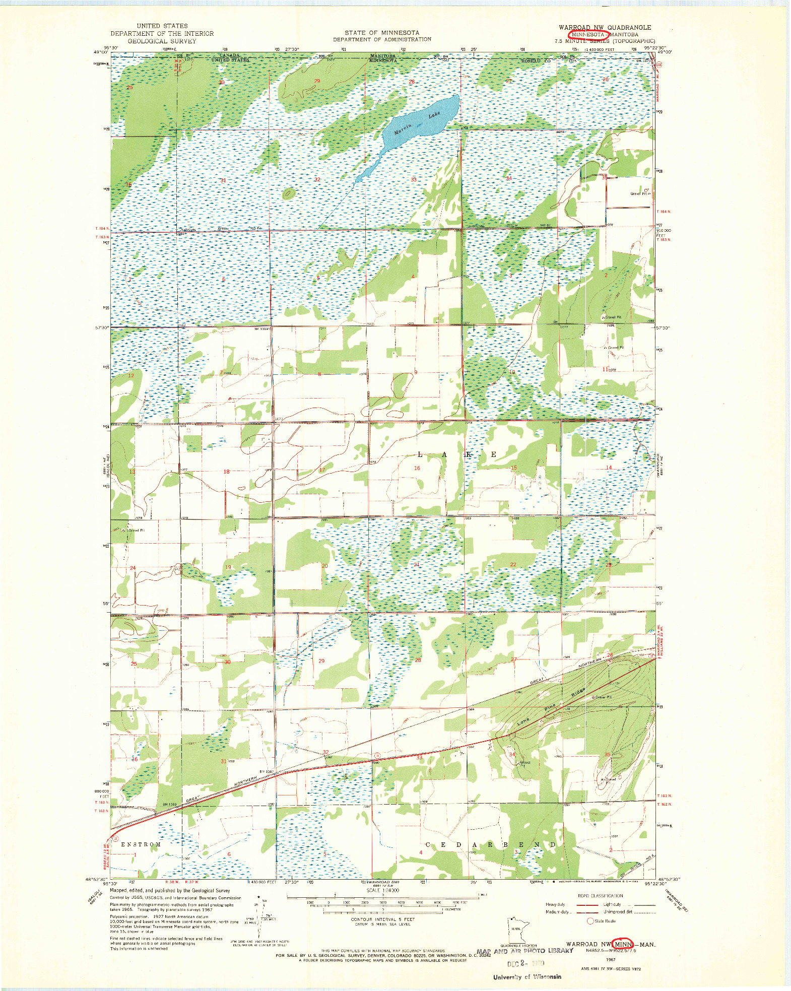 USGS 1:24000-SCALE QUADRANGLE FOR WARROAD NW, MN 1967