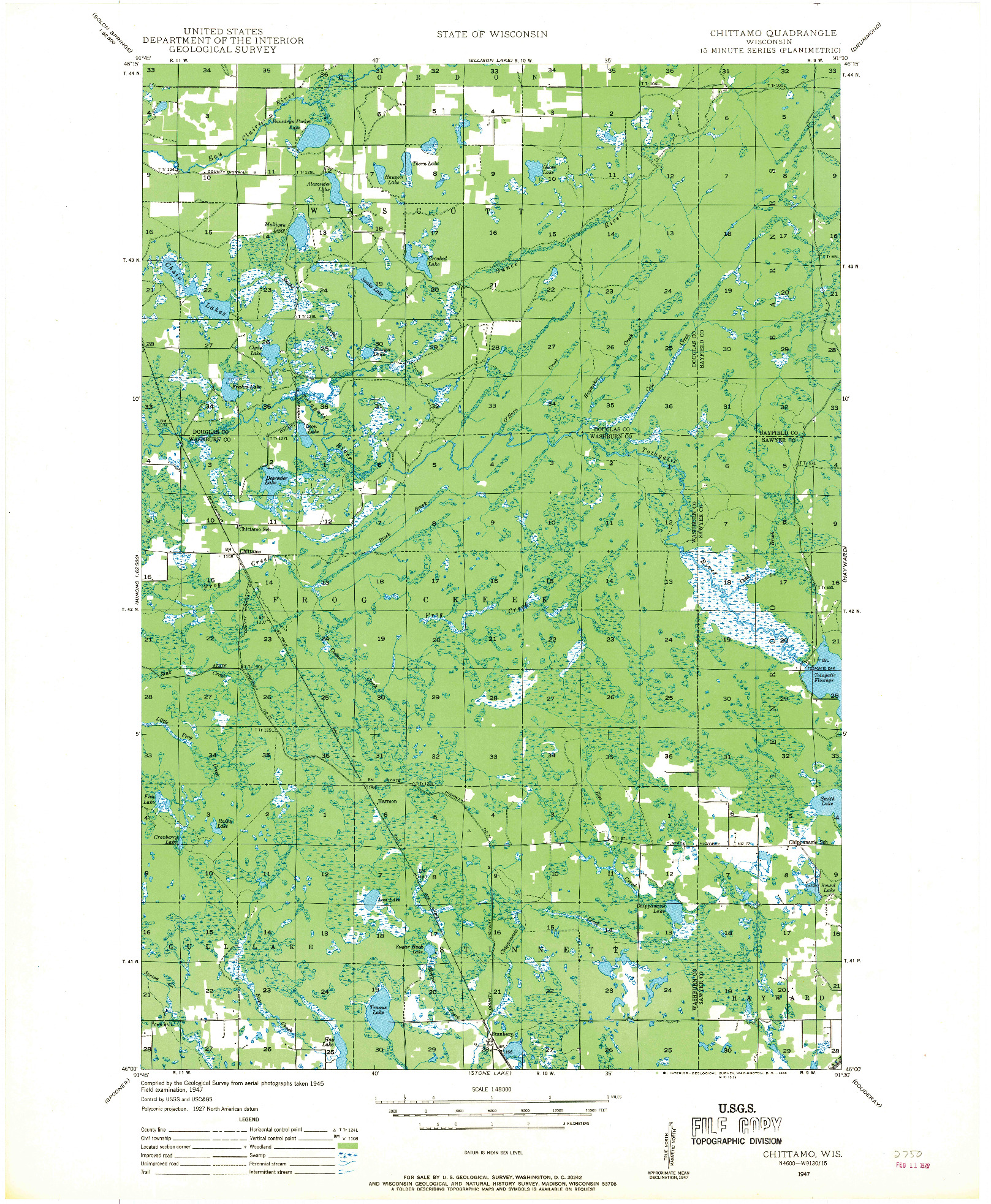 USGS 1:48000-SCALE QUADRANGLE FOR CHITTAMO, WI 1947