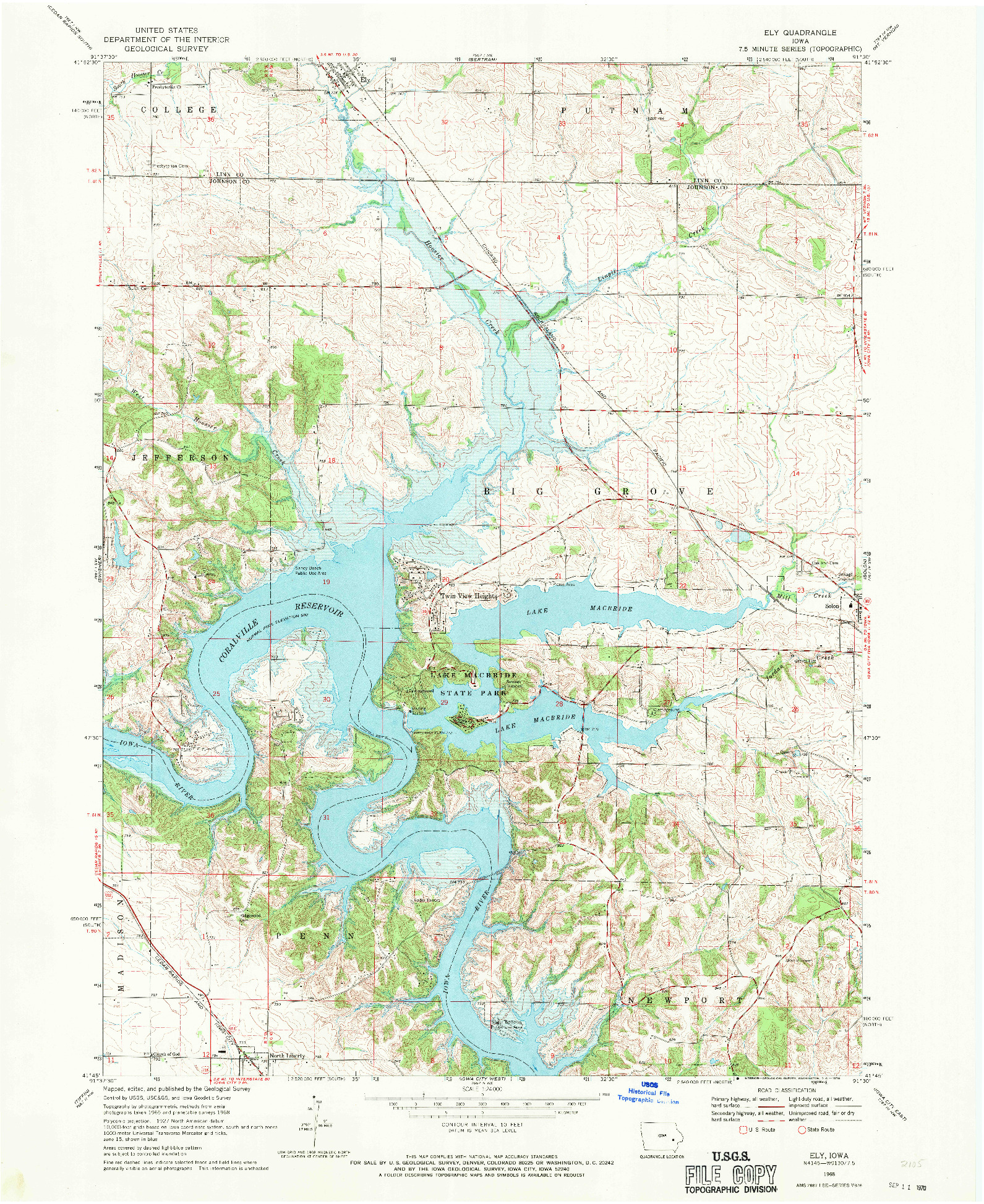 USGS 1:24000-SCALE QUADRANGLE FOR ELY, IA 1968