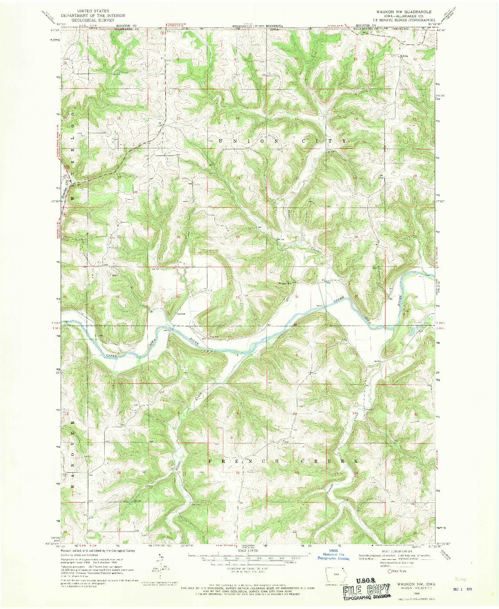USGS 1:24000-SCALE QUADRANGLE FOR WAUKON NW, IA 1968