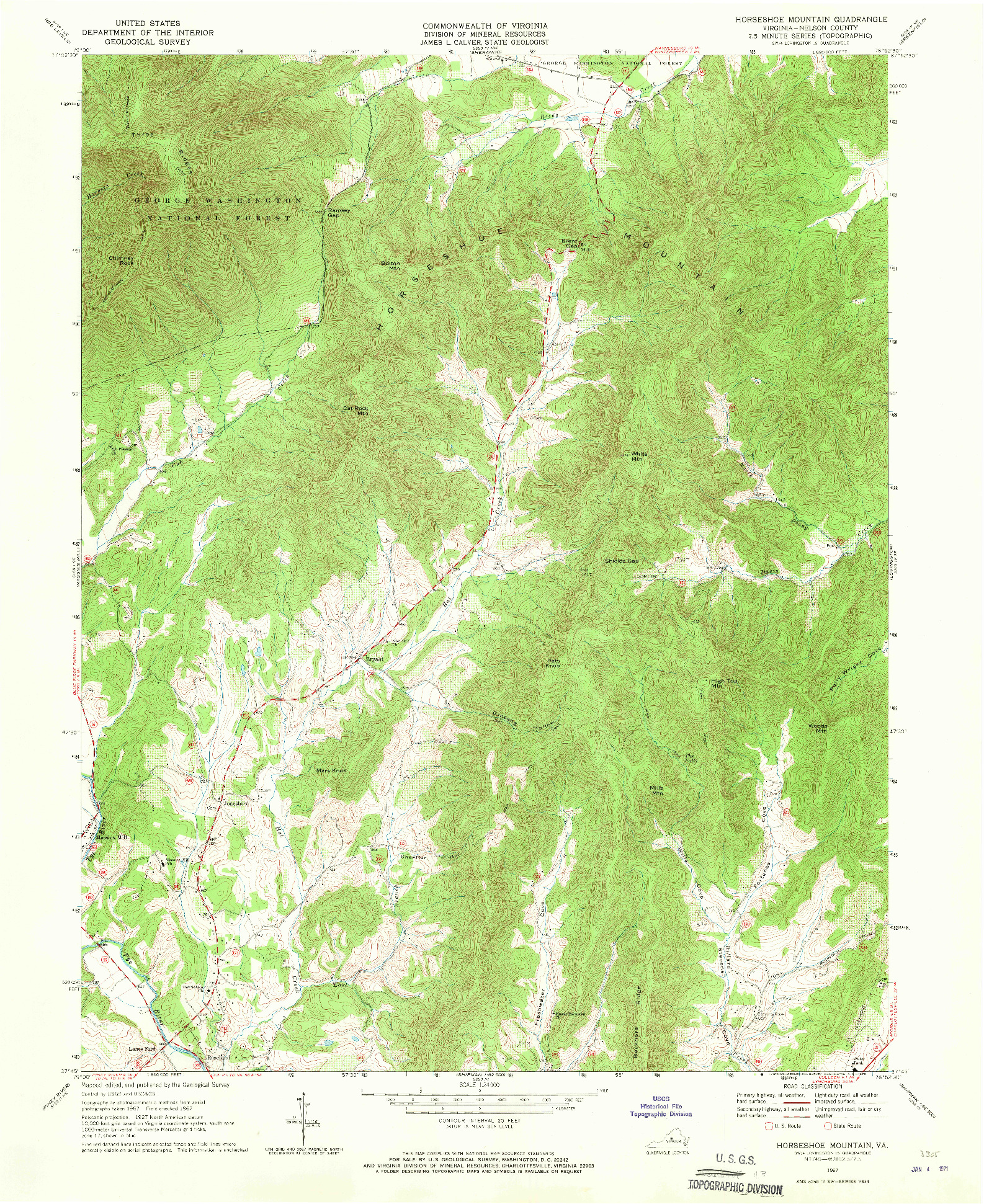 USGS 1:24000-SCALE QUADRANGLE FOR HORSESHOE MOUNTAIN, VA 1967