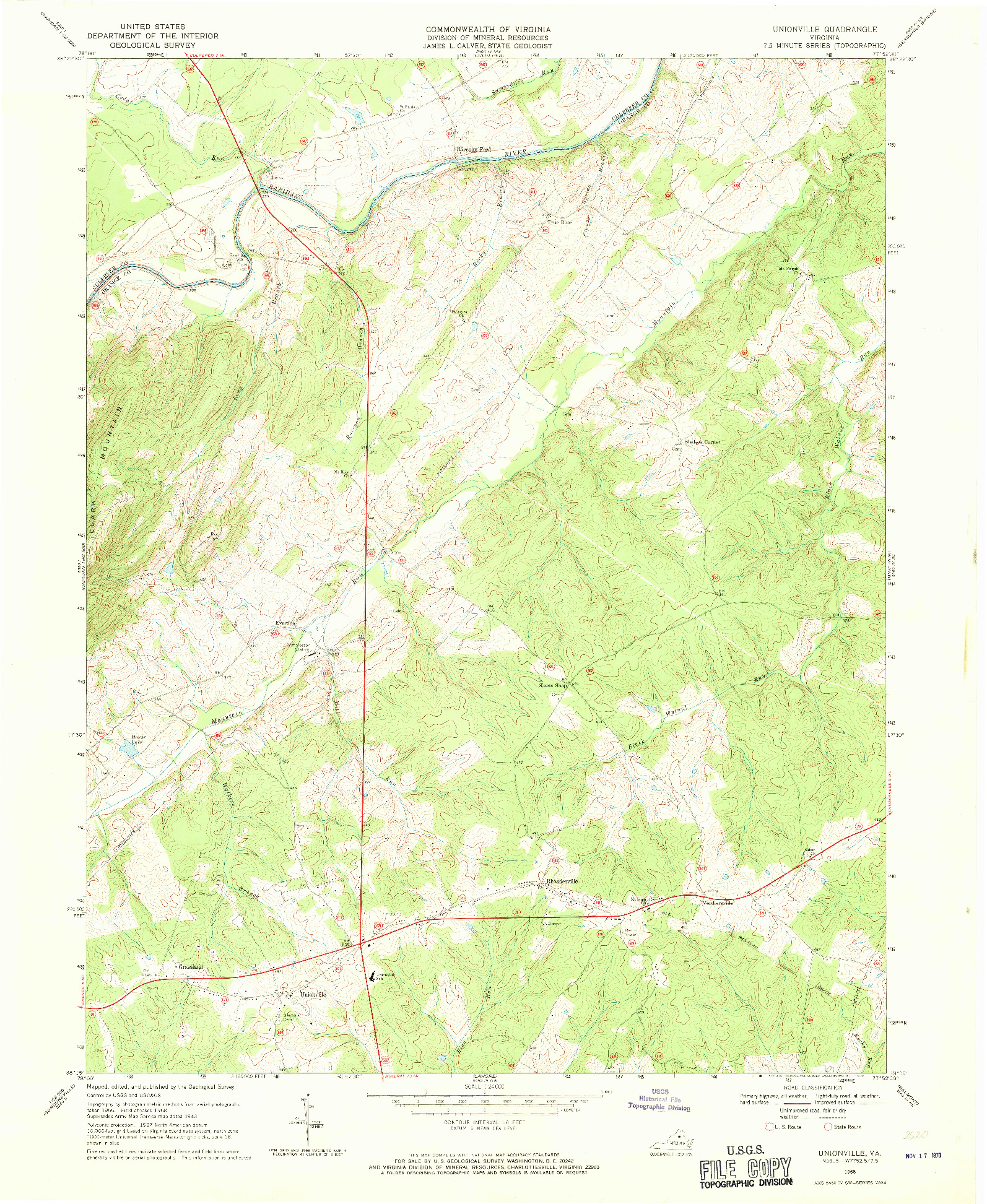 USGS 1:24000-SCALE QUADRANGLE FOR UNIONVILLE, VA 1968