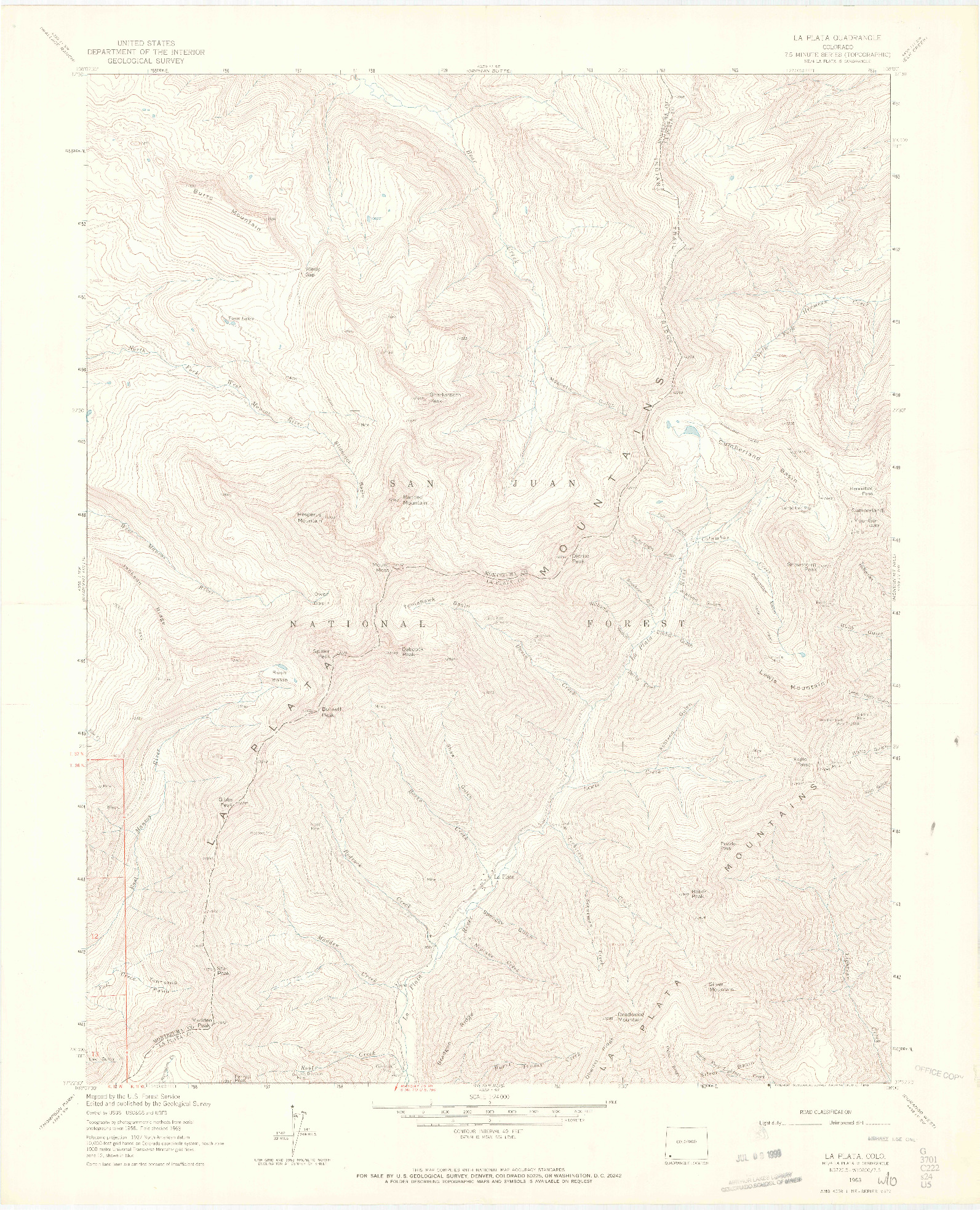 USGS 1:24000-SCALE QUADRANGLE FOR LA PLATA, CO 1963