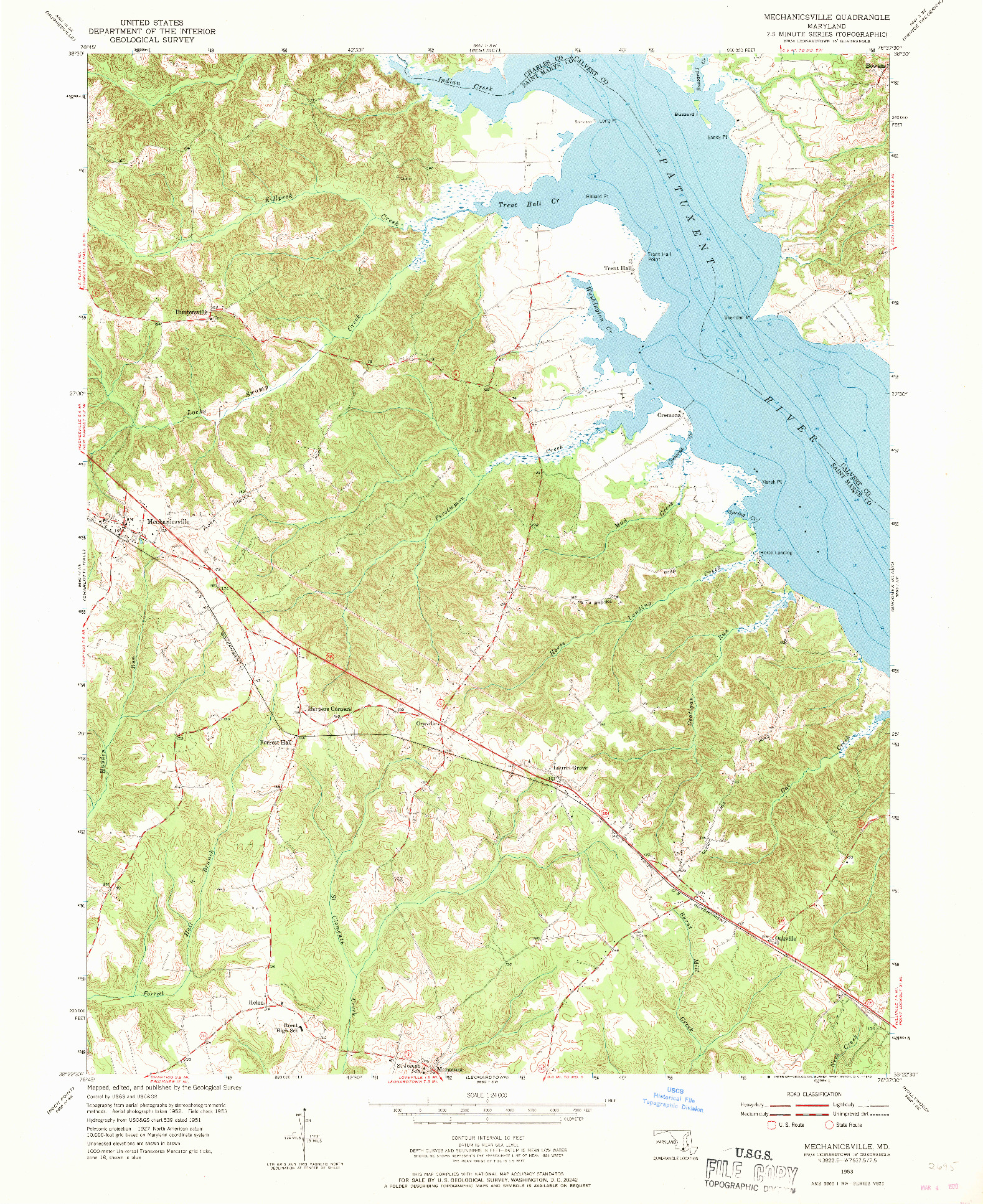 USGS 1:24000-SCALE QUADRANGLE FOR MECHANICSVILLE, MD 1953
