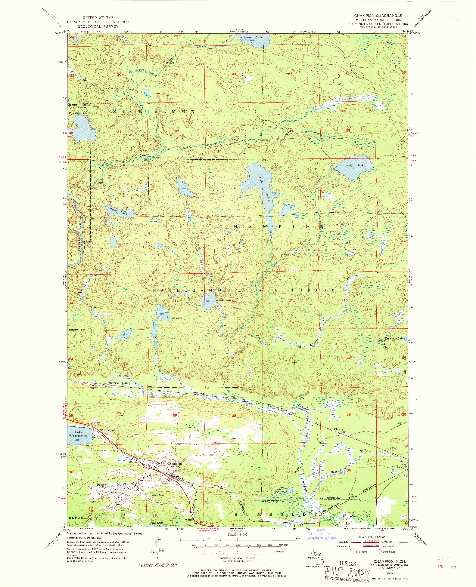 USGS 1:24000-SCALE QUADRANGLE FOR CHAMPION, MI 1955