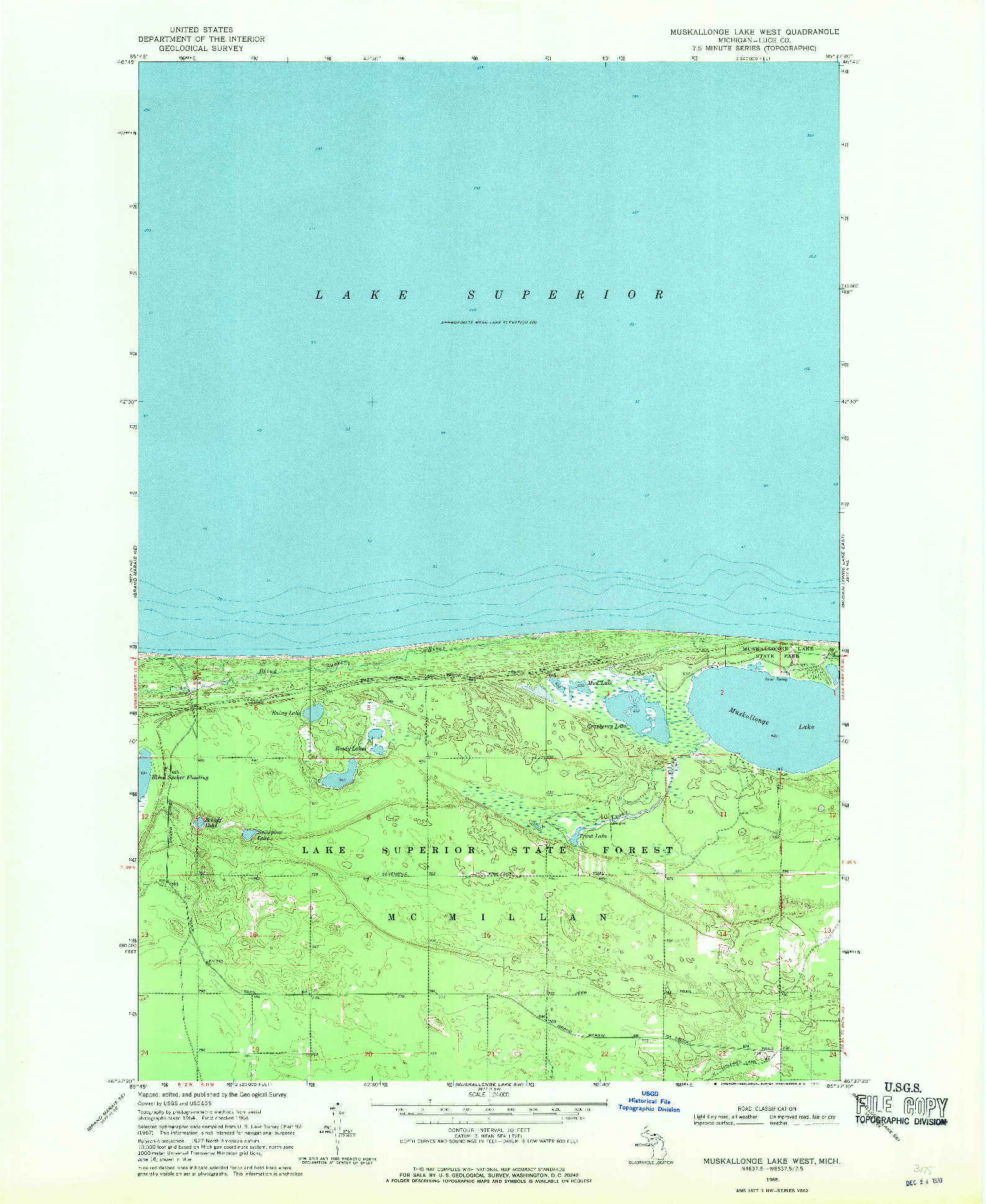 USGS 1:24000-SCALE QUADRANGLE FOR MUSKALLONGE LAKE WEST, MI 1968