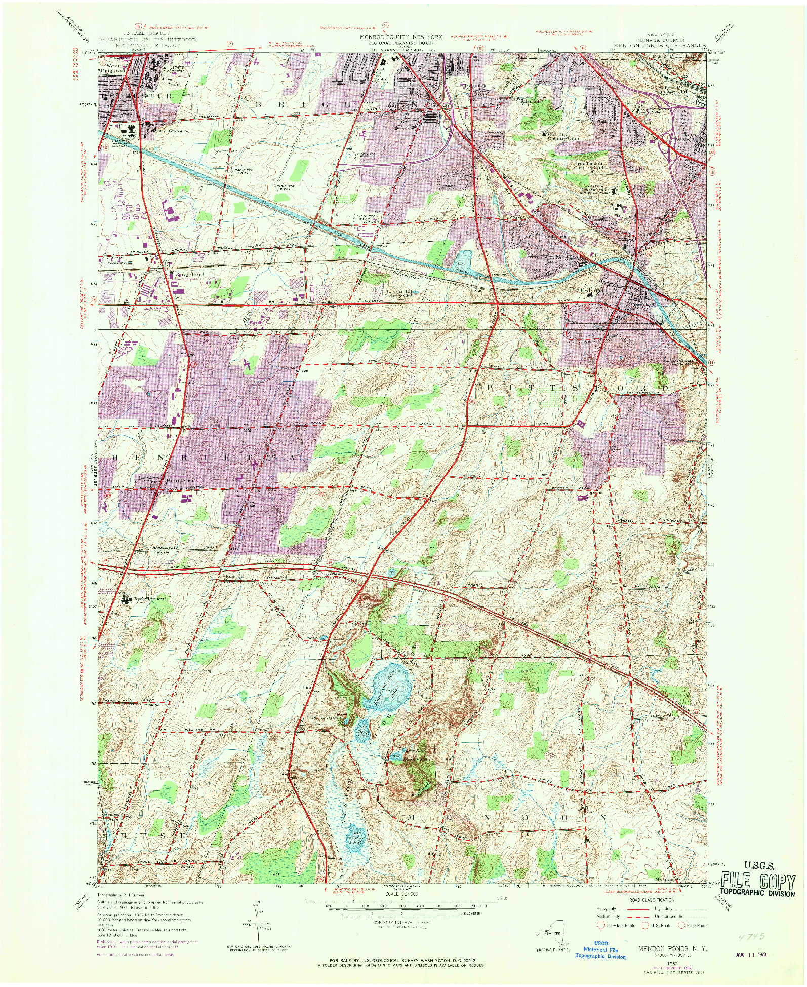 USGS 1:24000-SCALE QUADRANGLE FOR MENDON PONDS, NY 1952