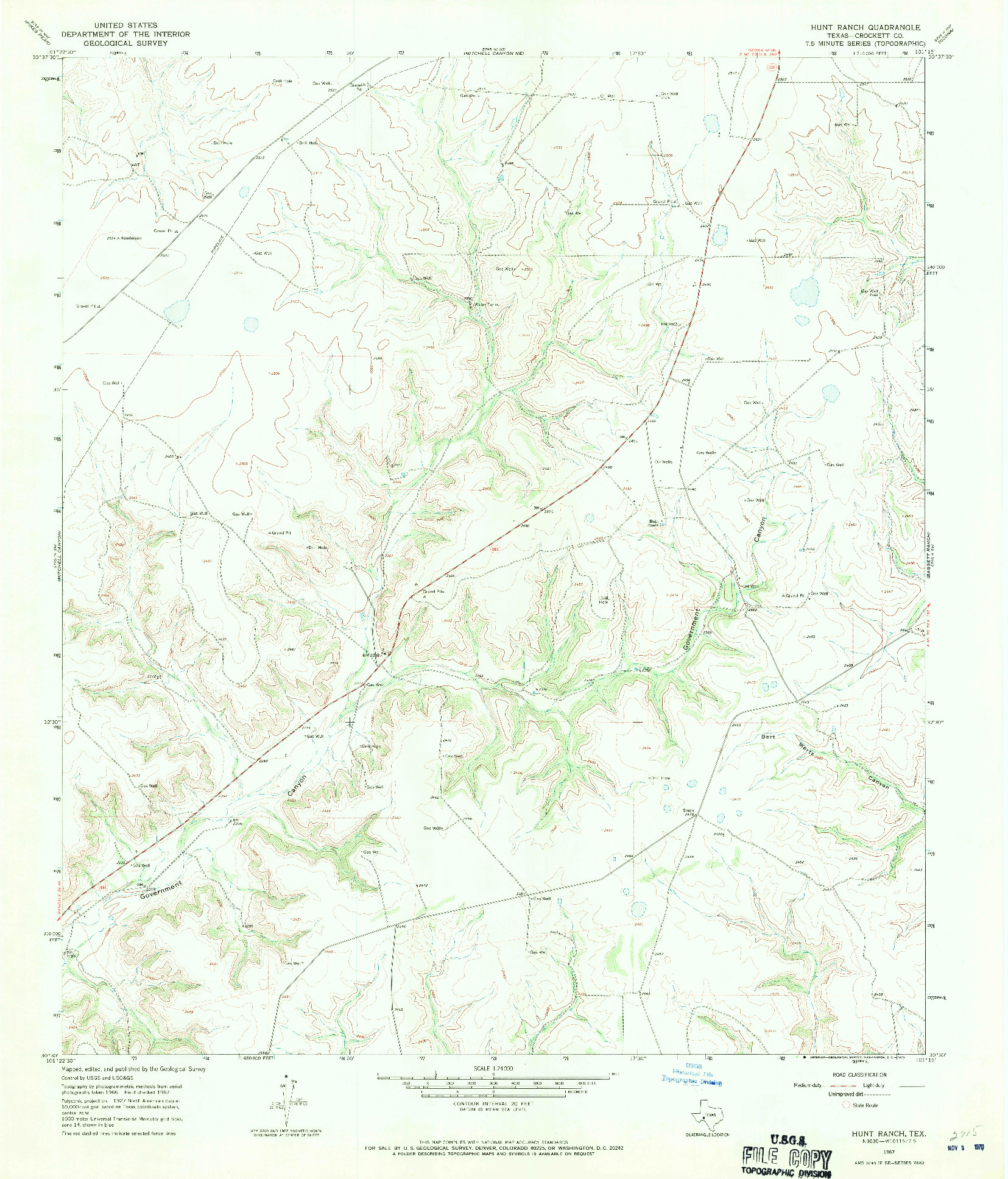 USGS 1:24000-SCALE QUADRANGLE FOR HUNT RANCH, TX 1967