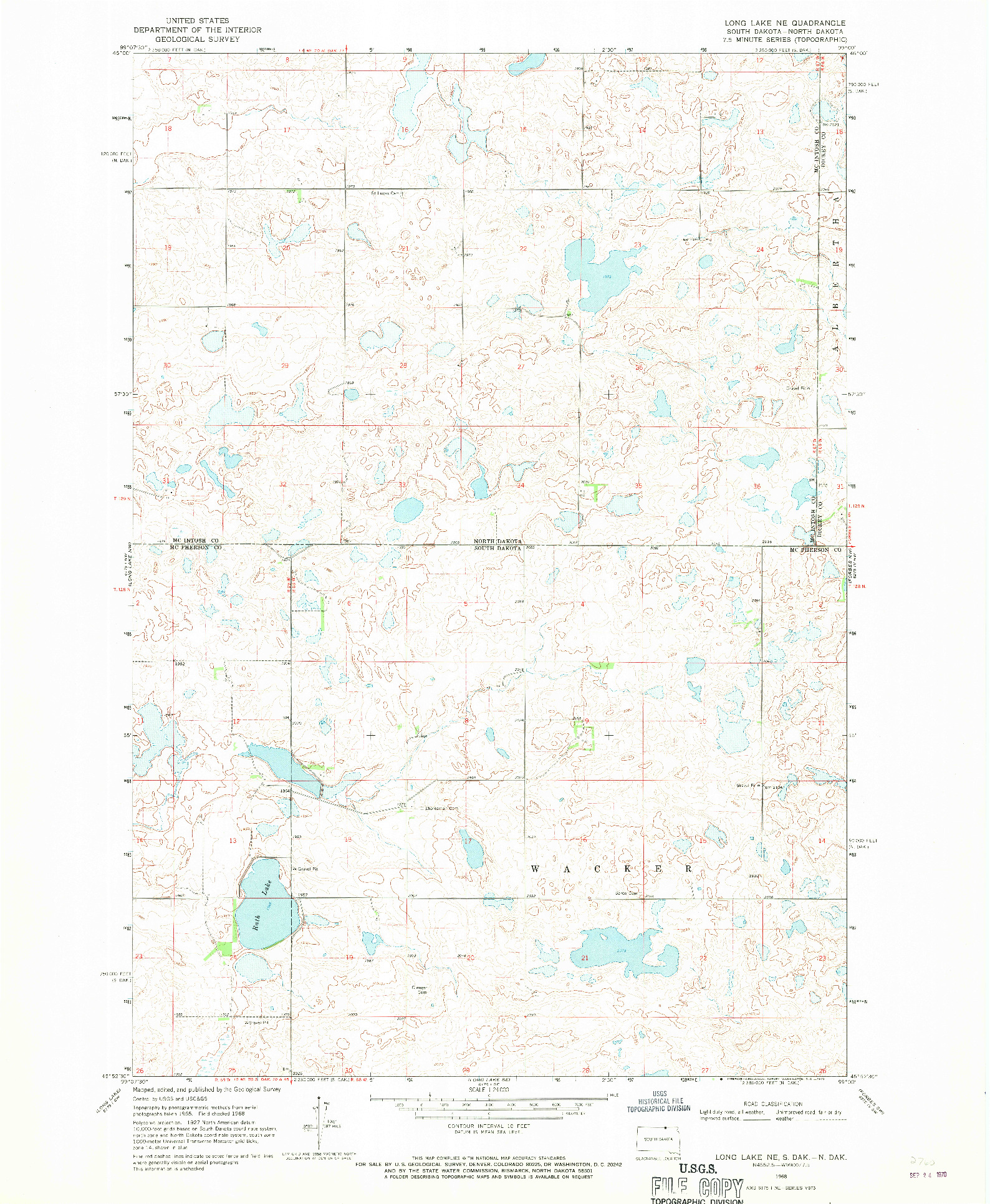 USGS 1:24000-SCALE QUADRANGLE FOR LONG LAKE NE, SD 1968