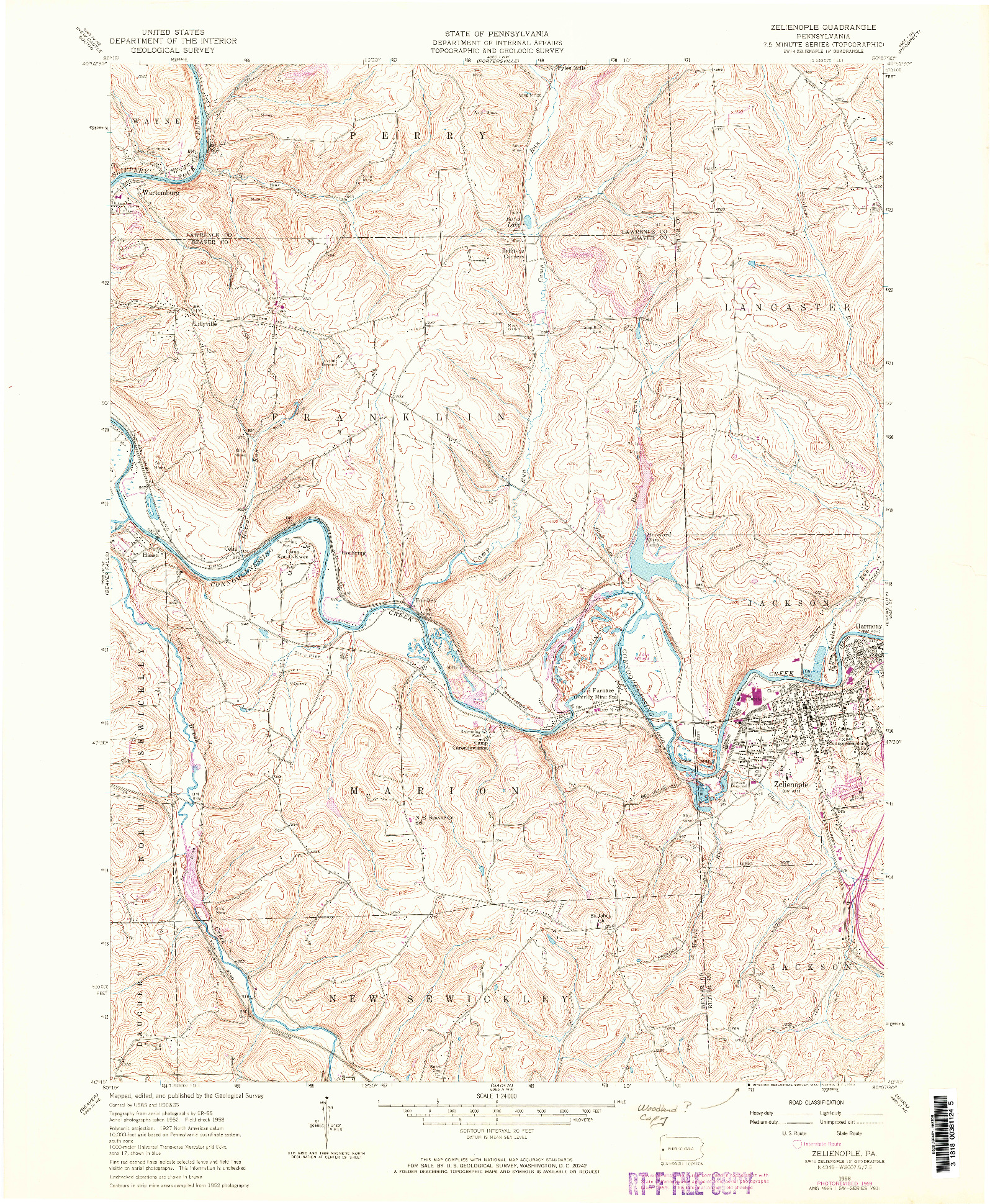 USGS 1:24000-SCALE QUADRANGLE FOR ZELIENOPLE, PA 1958