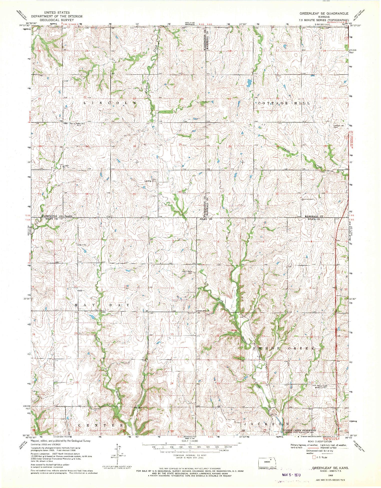 USGS 1:24000-SCALE QUADRANGLE FOR GREENLEAF SE, KS 1968